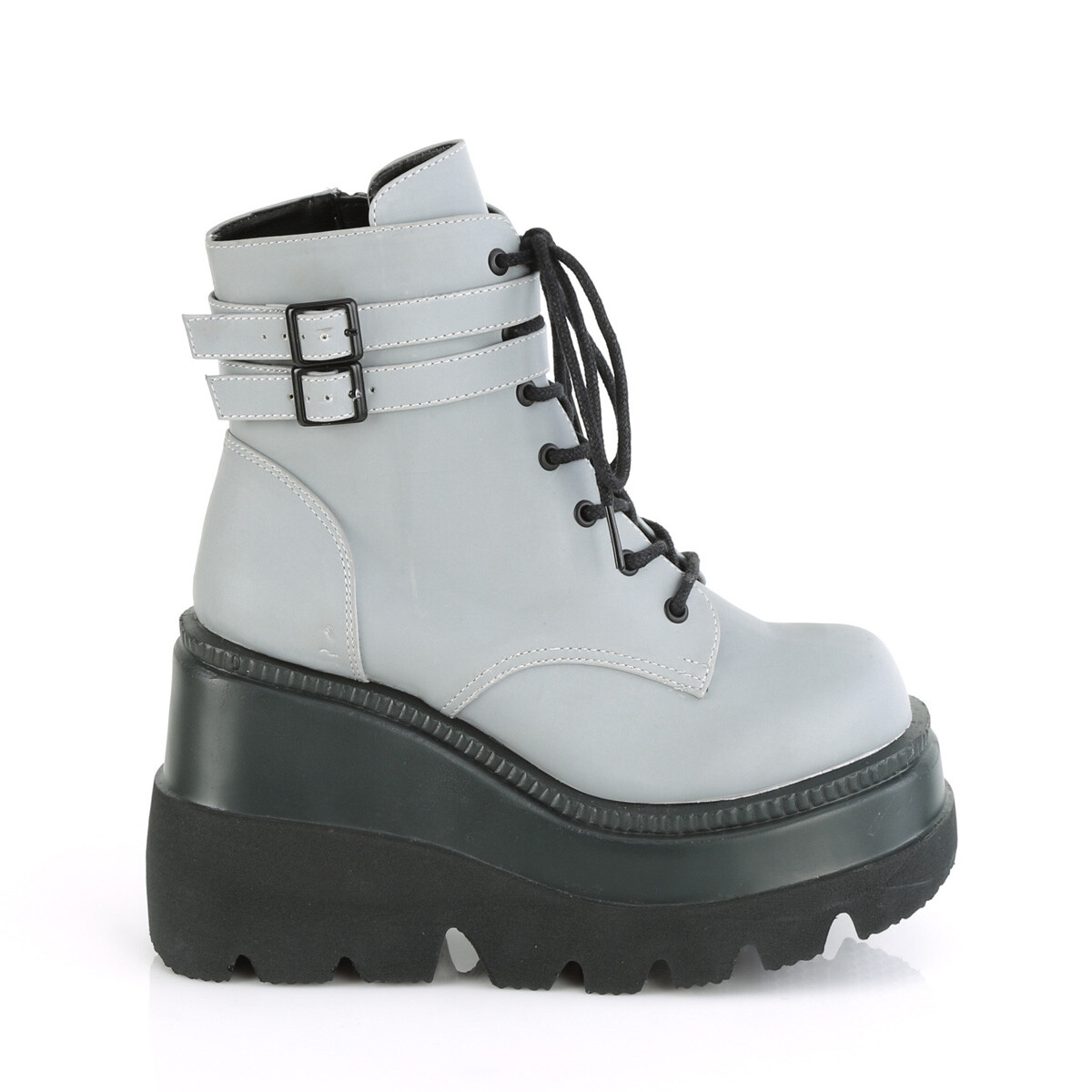DEMONIA SHAKER-52 4 1/2″ Wedge Platform Gothic Grey Reflective Women Ankle Boots