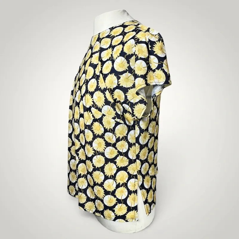 Vintage Lemon Print Blouse No Brand Size Ivory Yellow Blue Viscose Short Sleeve