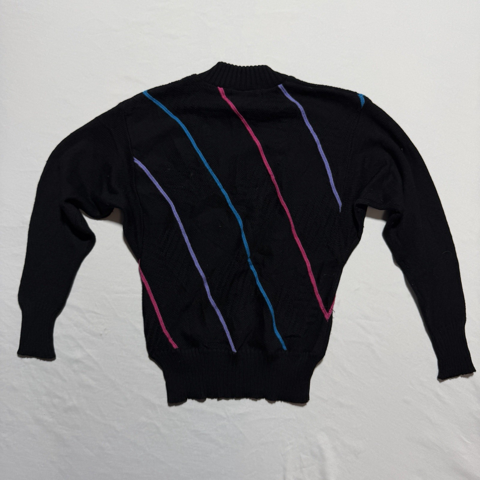 Vintage 80s Diagonal Stripe 100% Wool Crewneck Sweater Black Neon Pink Blue S