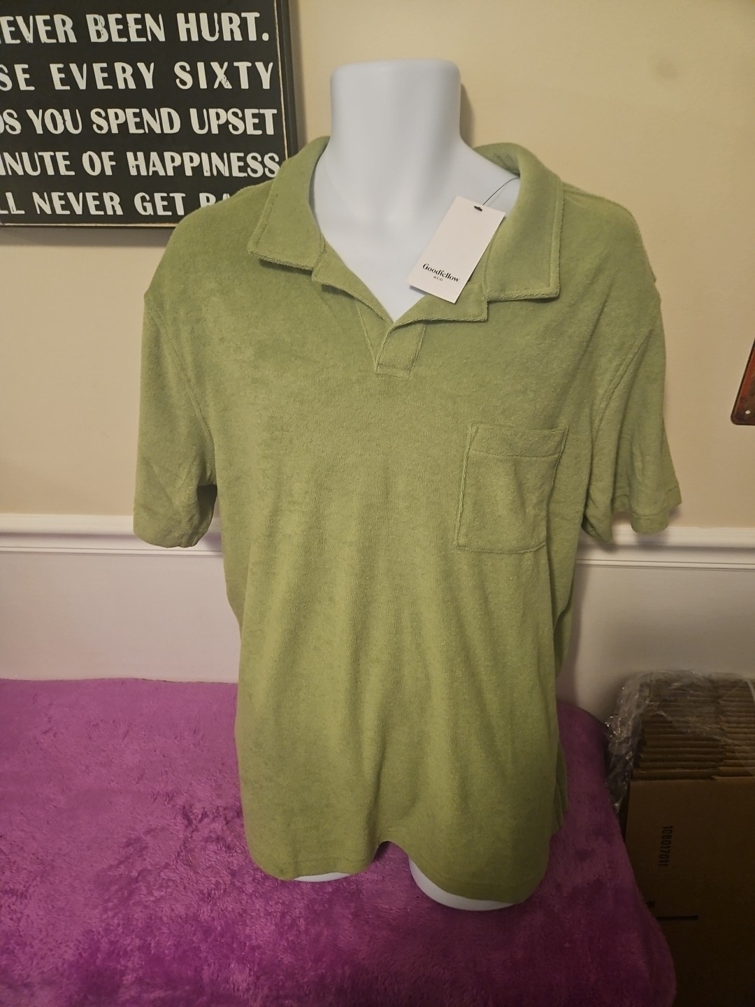 Nwt Goodfellow& Co Shortsleeve Vneck ,Collared , Size L Lime Green Terry Cloth
