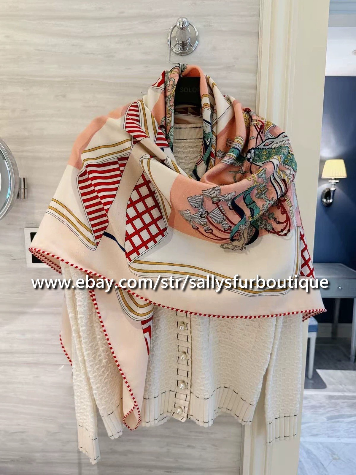 Sallys 70% Cashmere 30% Silk Wrap Scarf Geometric Print Double Face Shawl 53″