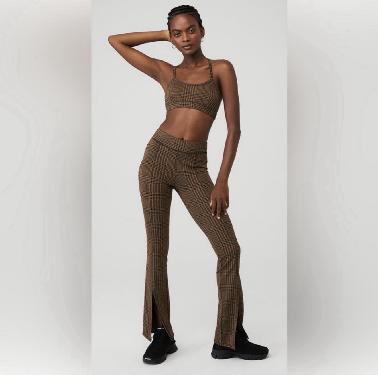 NWOT Alo Jacquard High-Waist Glenplaid Flare Leggings Cinnamon Brown/Black XS