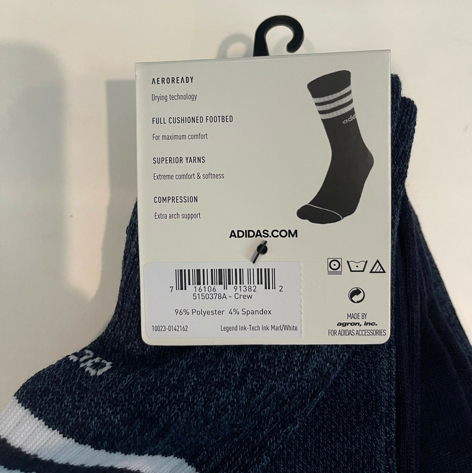 adidas Mens 3-Pack 3-Stripe Crew Socks Size: 6-12 Dark Blue/White 3-Pairs New