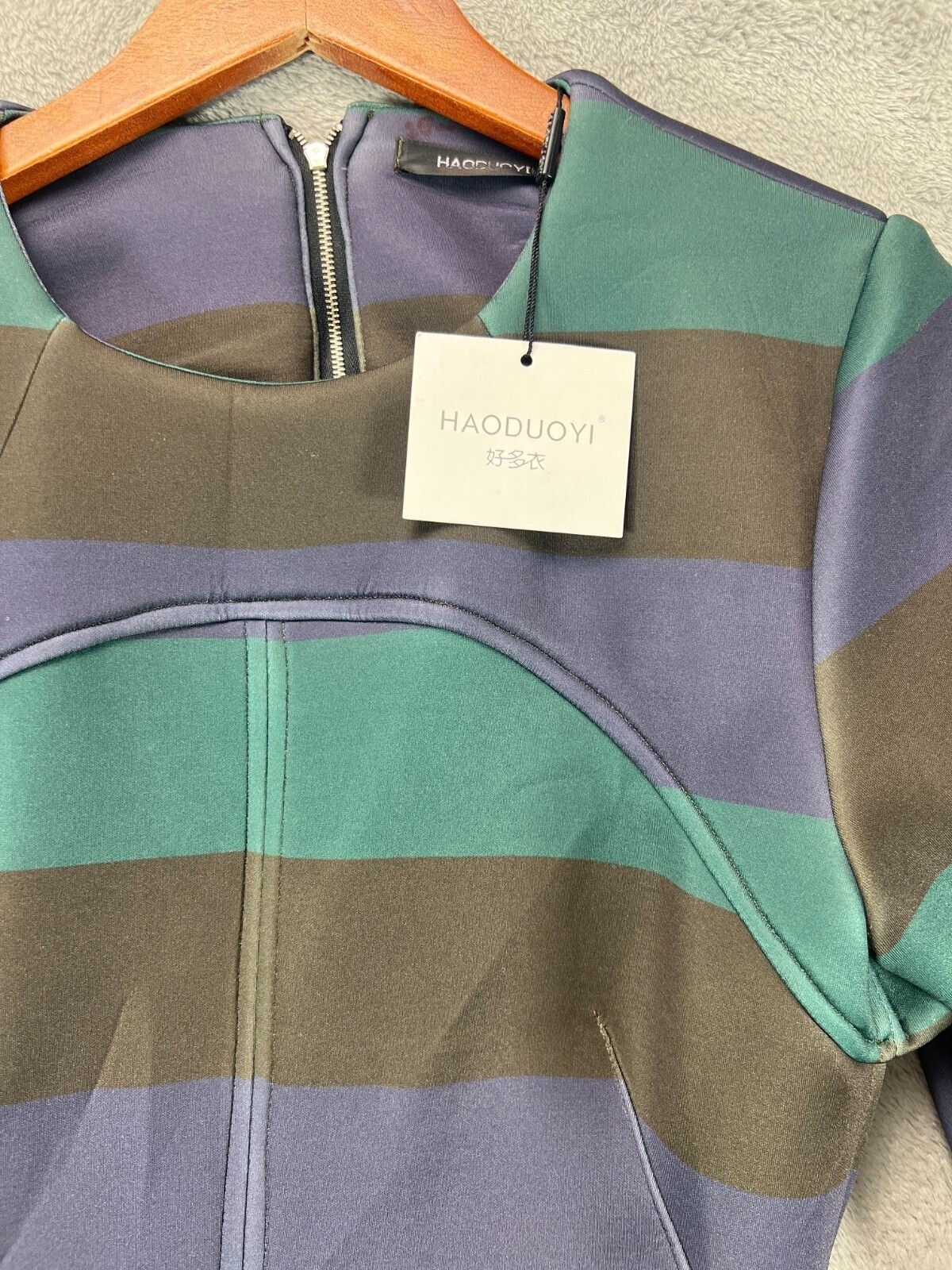 HAODUOYI Juniors 2XL Dress Green Stripe A Line Flare Open Back Long Sleeve NWT