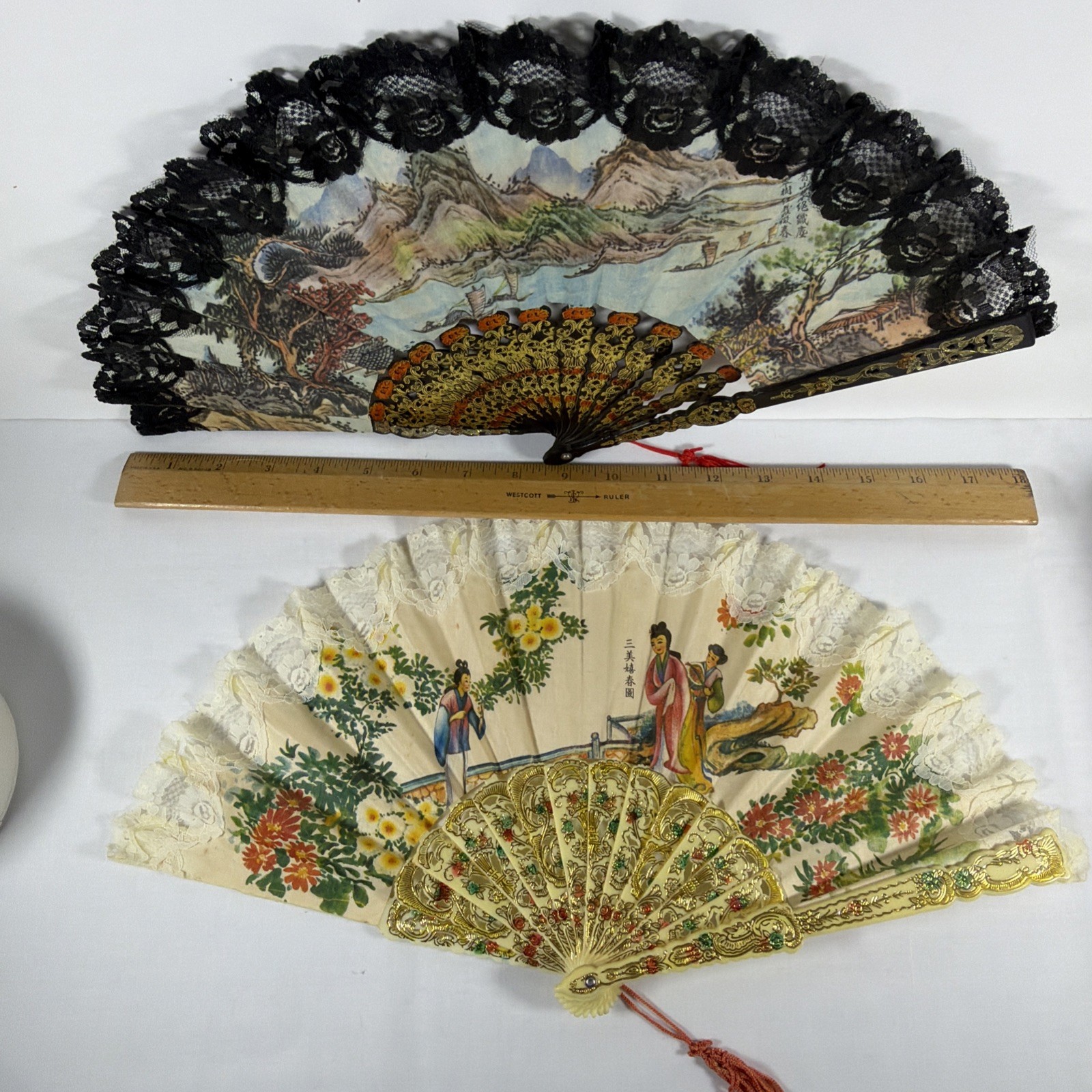 2 Vintage 1980’s Classical Scent Hand Fans fan Lace Fabric Plastic