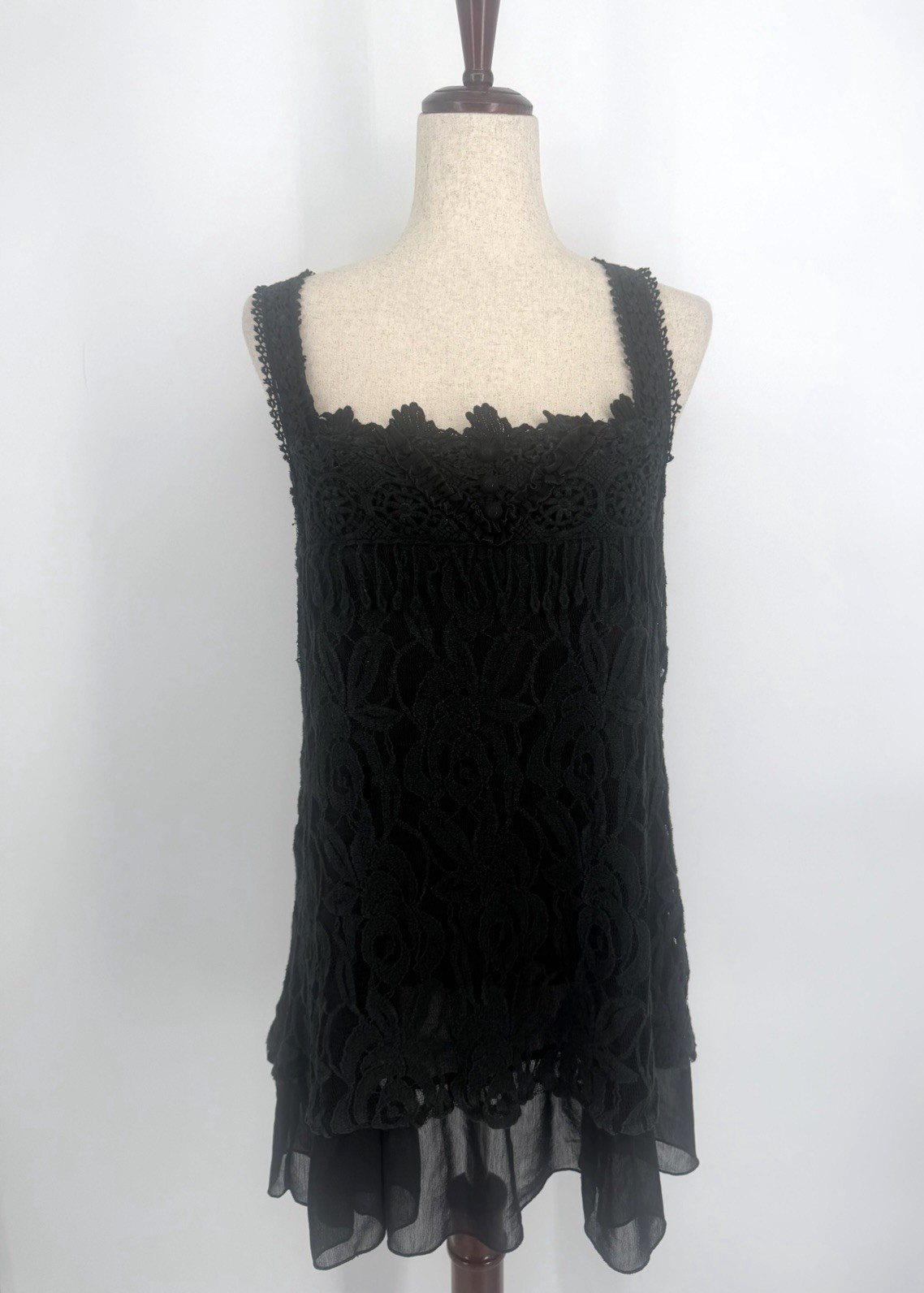 Pretty Angel Tunic Top Large Lace Ruffle Crochet Linen Blend Coquette Black Goth