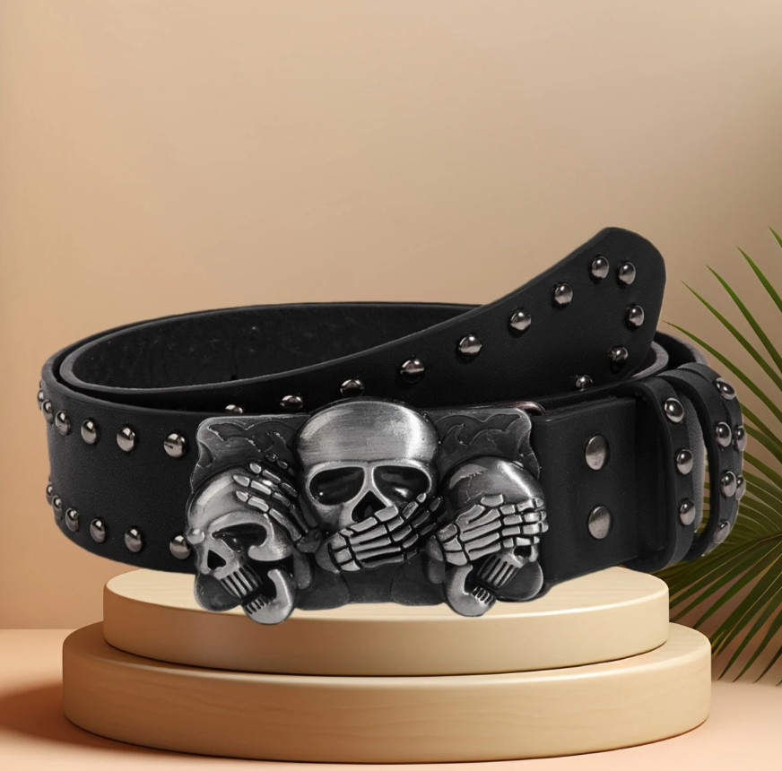 1pc 105cm/41in Punk Goth Rivet Belt Black Skull Buckle Waistband Belt – NEW