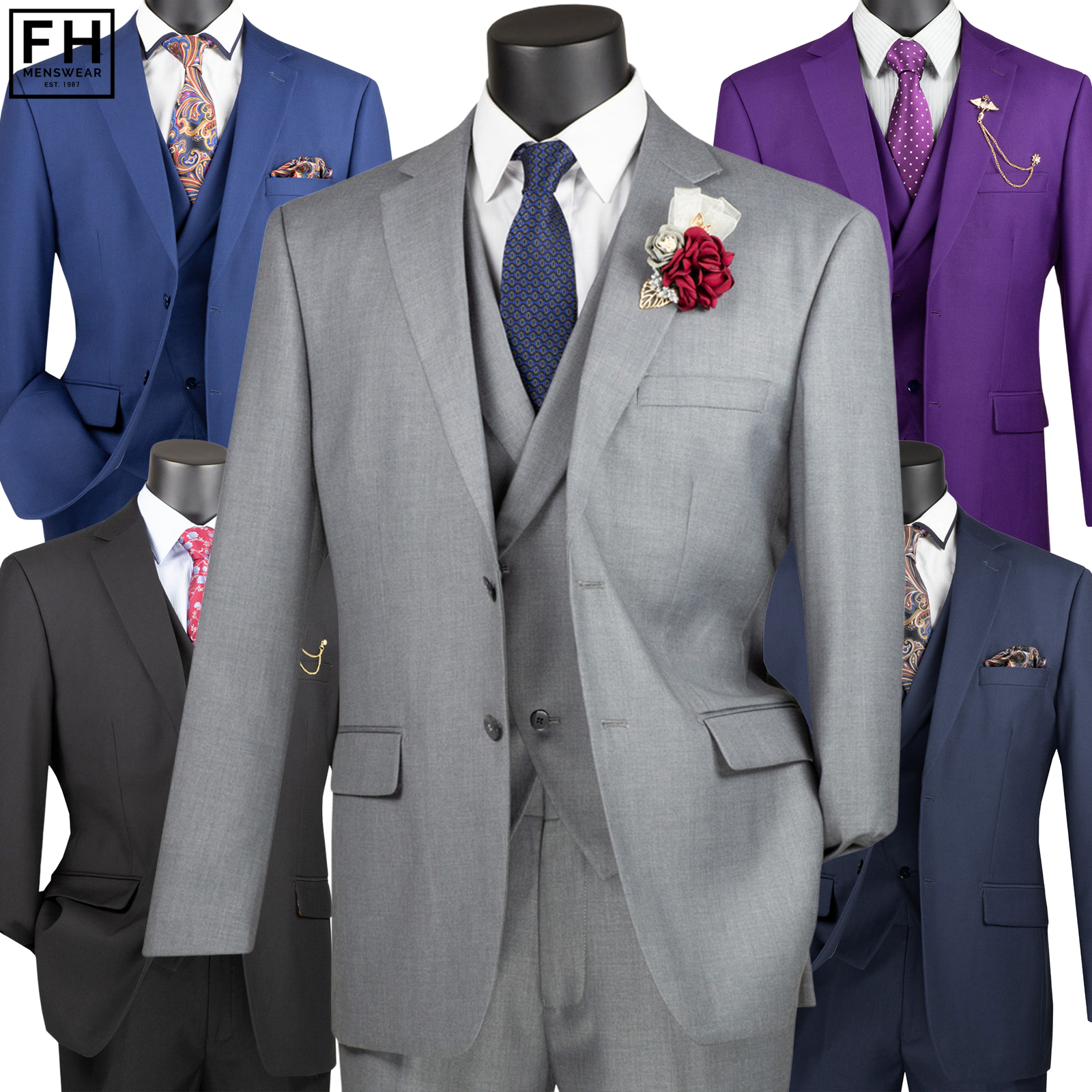 VINCI Men’s 3pc Modern Fit Suit w/ Adjustable Waist – 36S-56L, 5 Colors – NEW