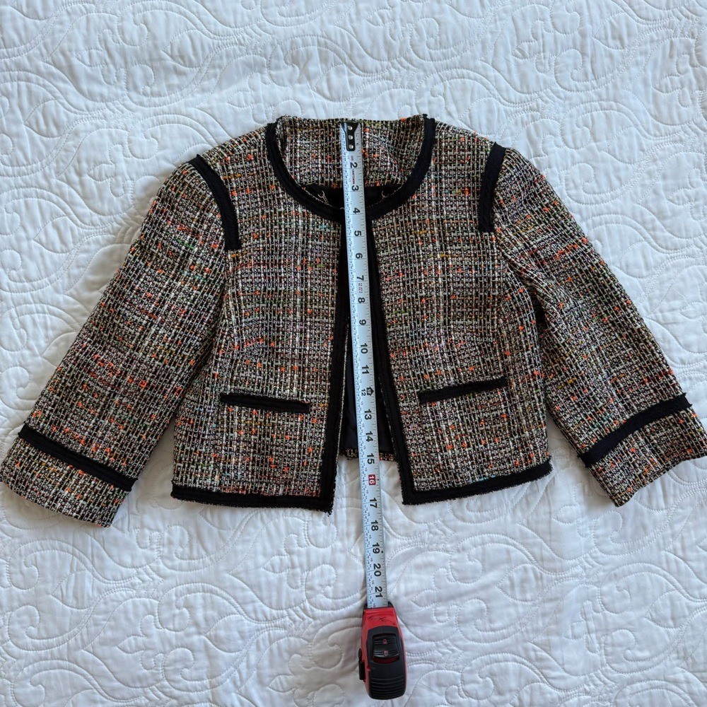 Trina Turk Multicolor Tweed Black Trim Cropped Career Blazer Jacket Womens 0 EUC