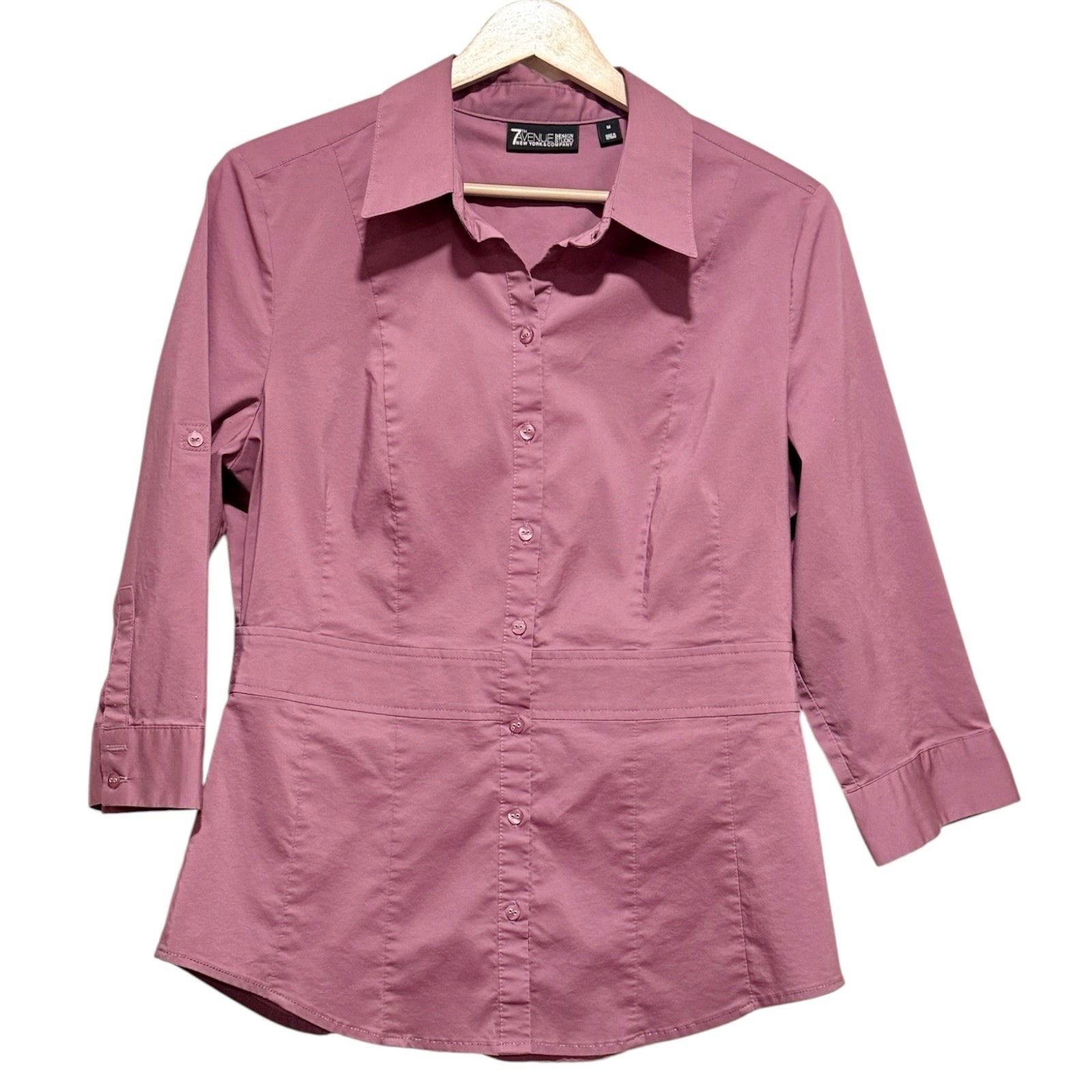 NY & Co Sz M Black Raspberry 3/4 Sleeves Fitted Button Down Blouse Career Office
