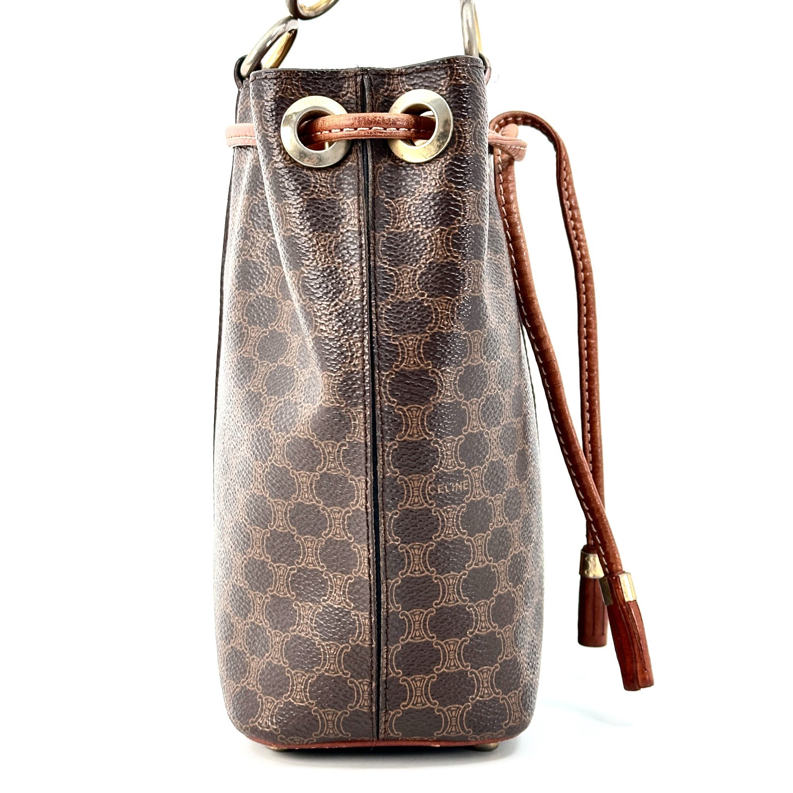 Vintage CELINE Macadam Drawstring Bucket One Shoulder Bag PVC Leather Brown