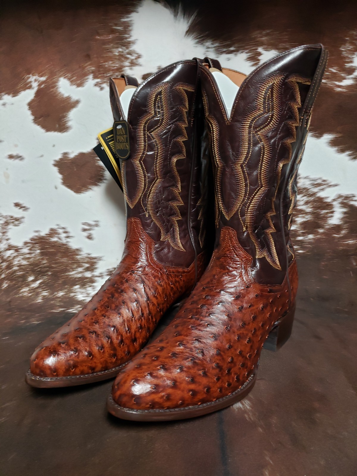Dan Post Pershing Brass Full Quill Ostrich Western Boots Round Toe Mens Sz 12 D