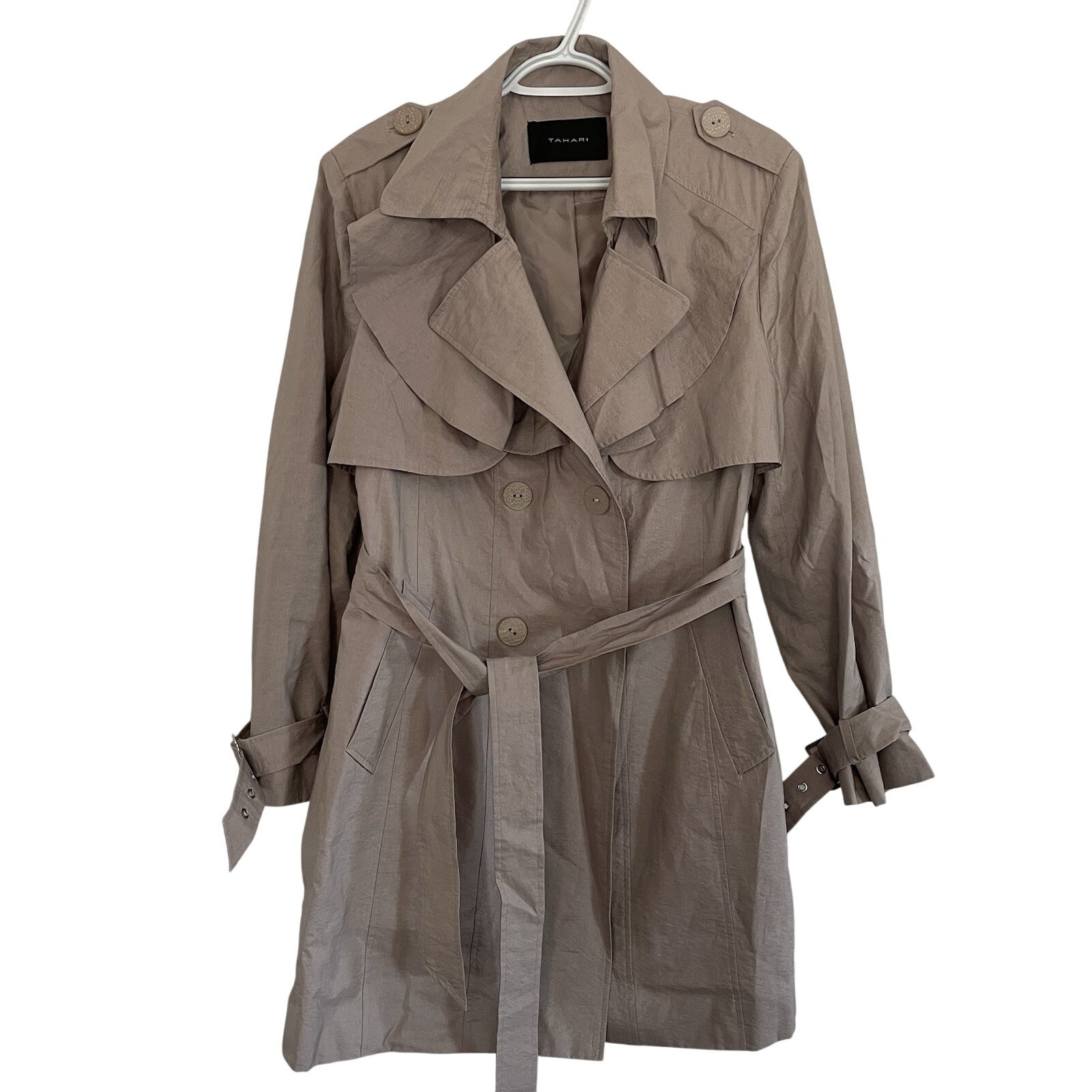 EUC Womens Tahari Tan Beige Neutral Trench Coat Ruffles Belt Dressy Nylon Medium