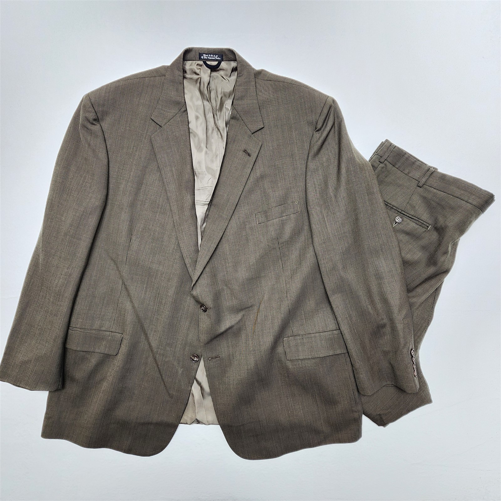 VTG USA MADE OLD MONEY 54L 46×32 Brown Nailhead 100% Wool Mens Jacket Pants Suit