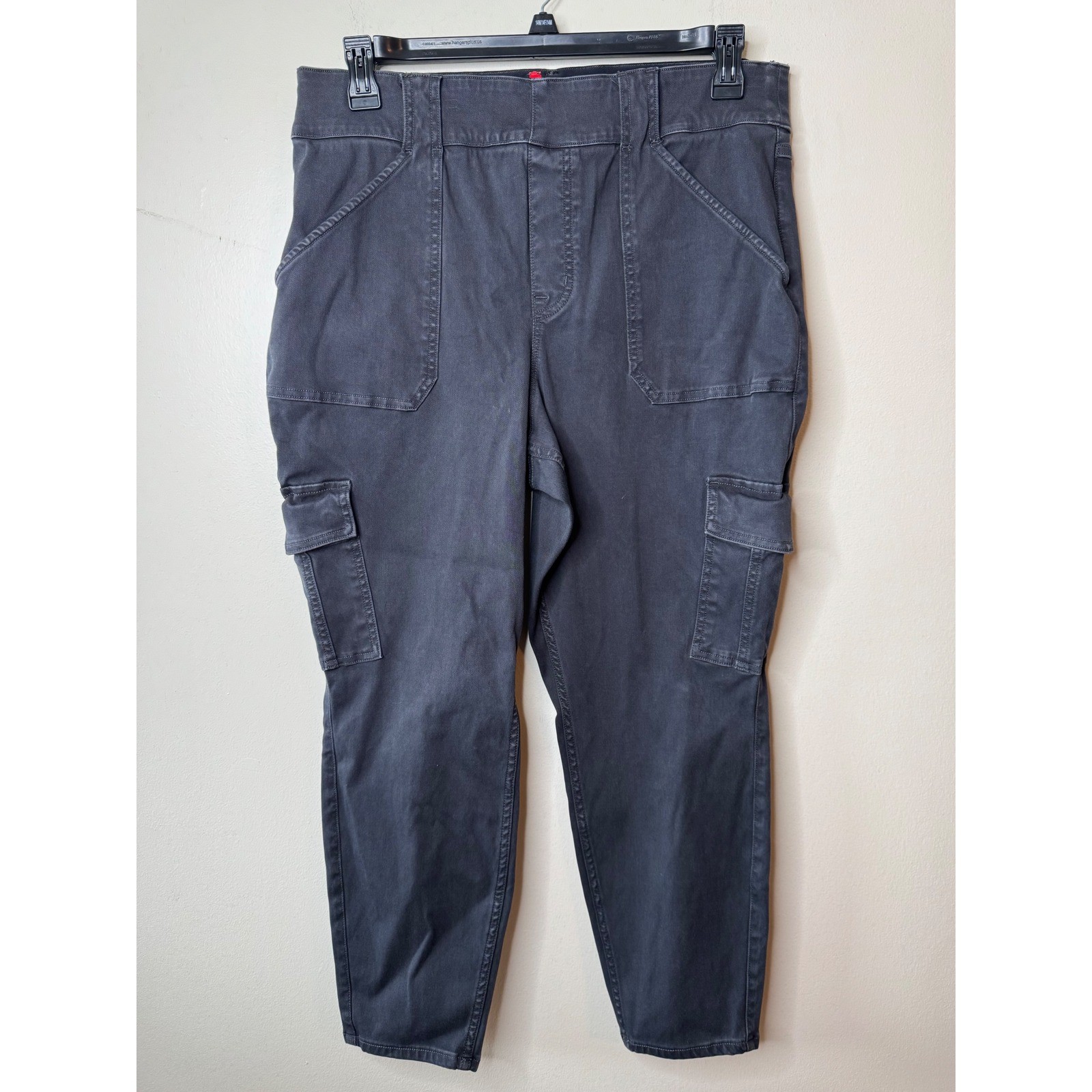 Spanx Womens Stretch Twill Cargo Pants Washed Black Pull On Slim