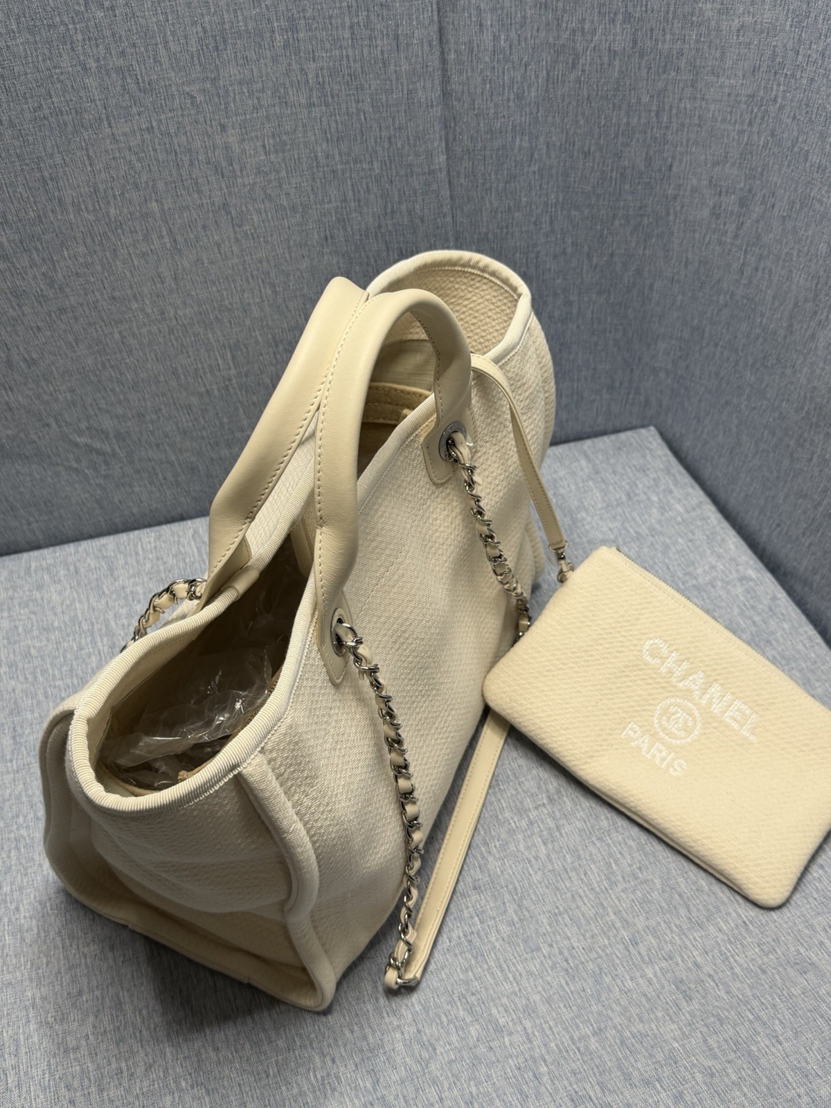 Chanel Deauville MM Tote Bag With Pouch Chain Tweed Material White