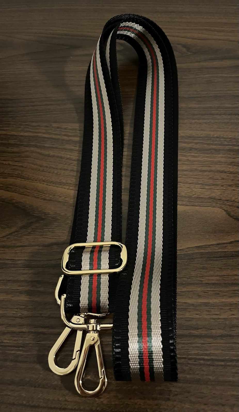 NEW Mautto Woven Nylon Web Stripe Bag Strap, Black, Red, Green Gold Hardware
