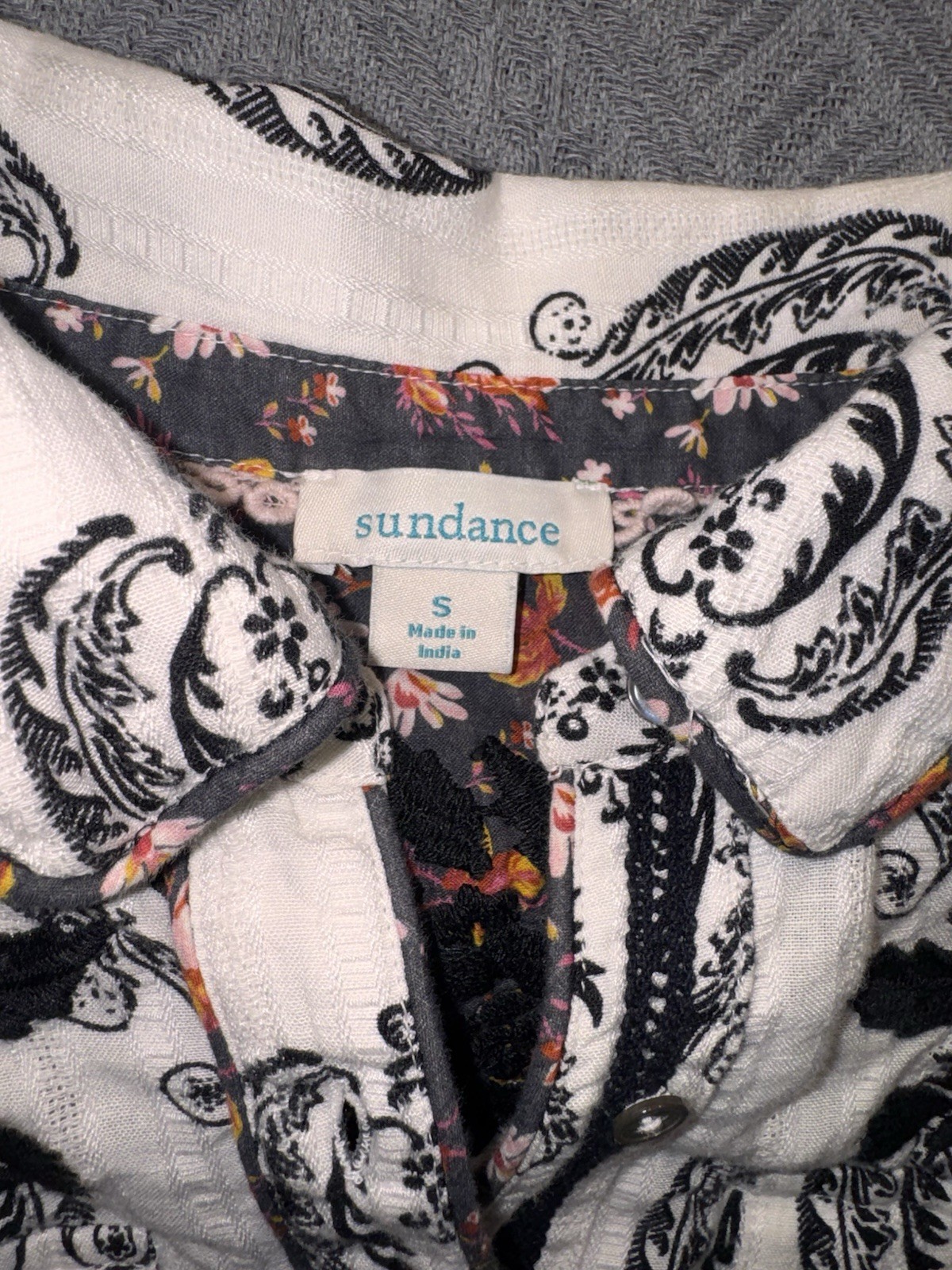 Sundance Women’s S White/Black Paisley Embroidered Collared Woven Cotton Shirt