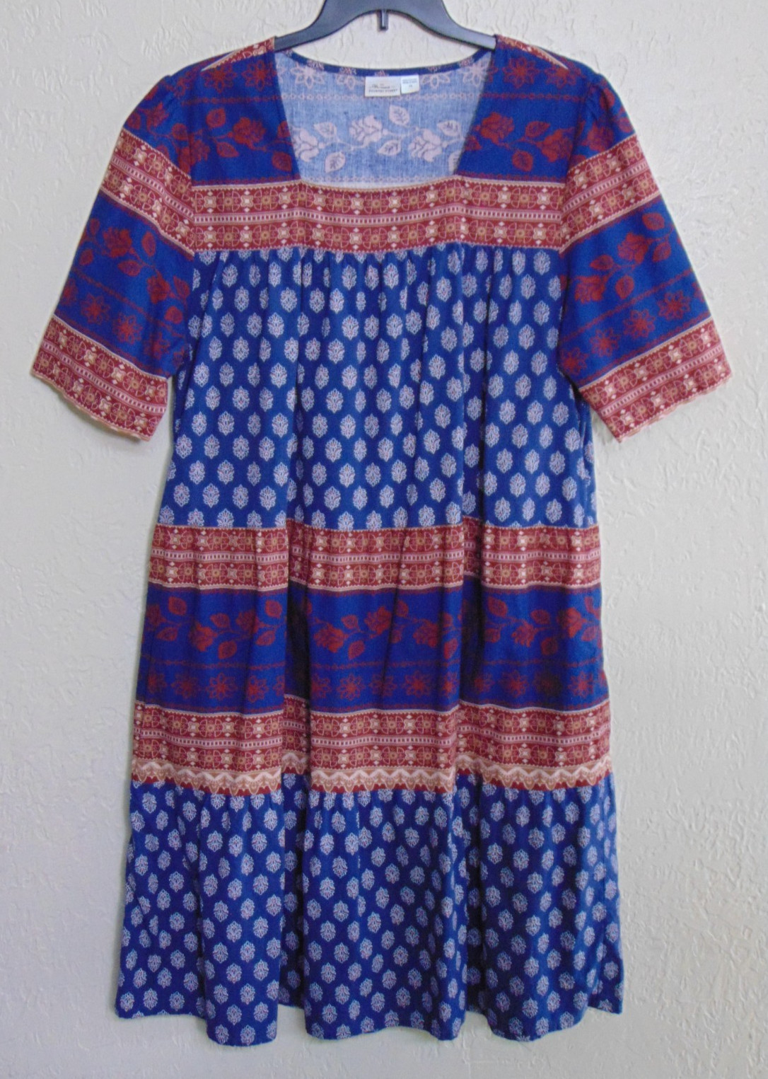 Vermont Country Store Cotton Batik Midi Dress Muumuu 1X Blue Red Tan Pockets
