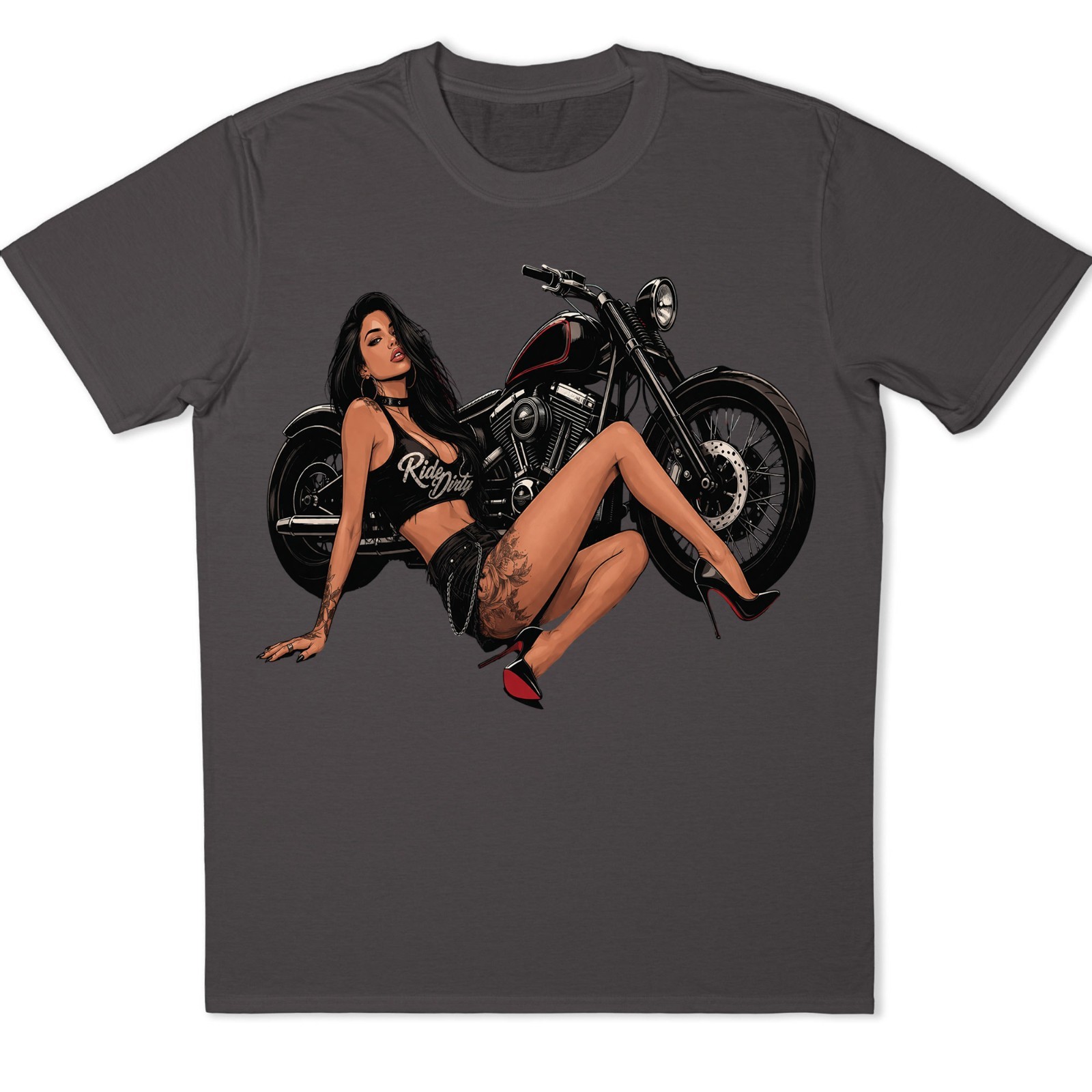Ride Dirty Pinup Girl Biker T-Shirt Motorcycle Tattoo Babe Graphic Tee .