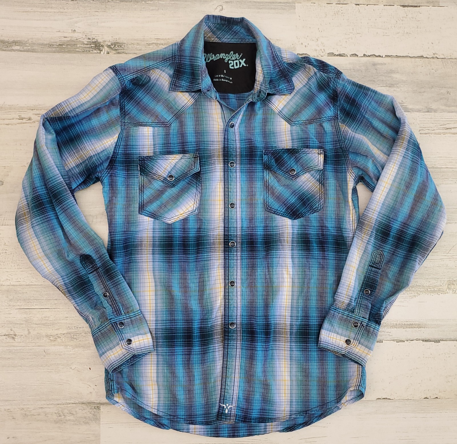 Wrangler 20x Pearl Snap Shirt Mens Size Small Plaid Blue Western 100% Cotton