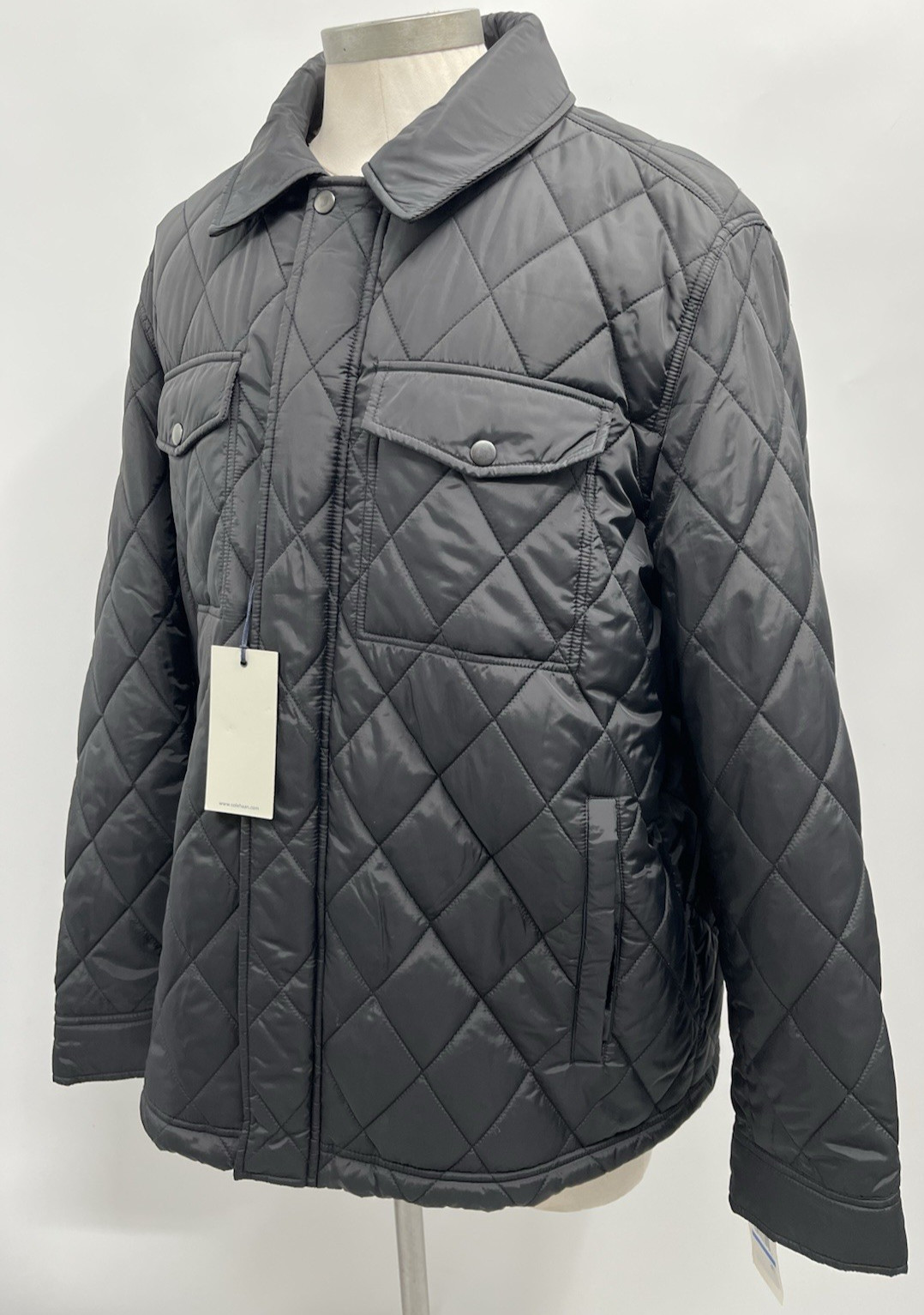 Cole Hann Men Zip & Snap Button Sherpa Lined Diamond Black Quilted Jacket Sz XL