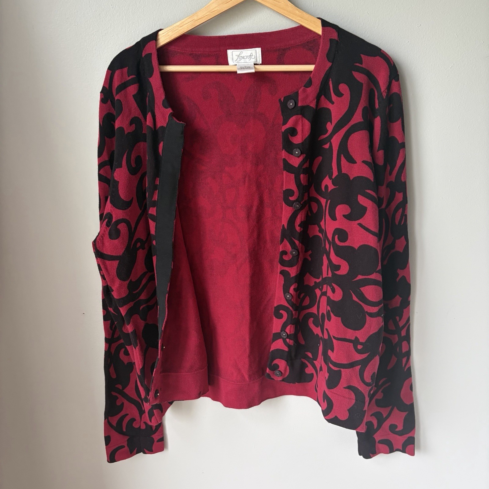 FOXCROFT Womens Cotton/Nylon/Spandex Red- Black Scroll Design Cardigan Sweater L