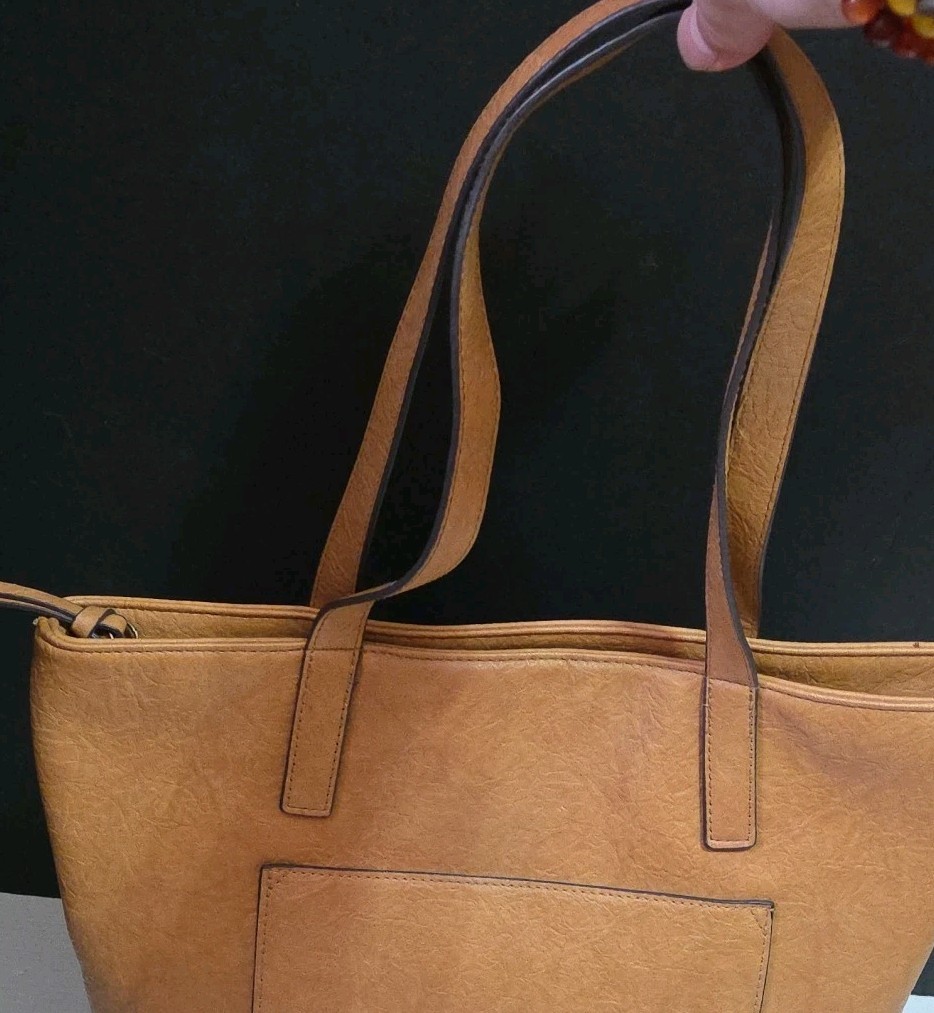Womens Brown Vinyl Tote Shoulder Stylish Everyday Purse Bag & Cosmetic Bag 17×13