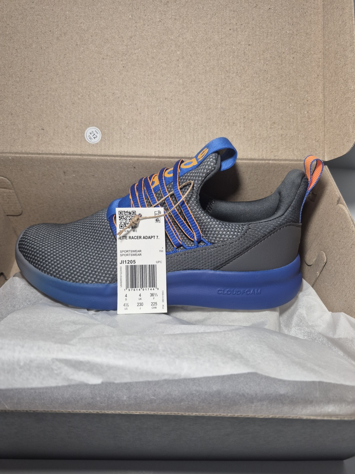 adidas Lite Racer Adapt 7.0 K Kids Slip On Mesh Sneakers US 4.5 Gray/Blue
