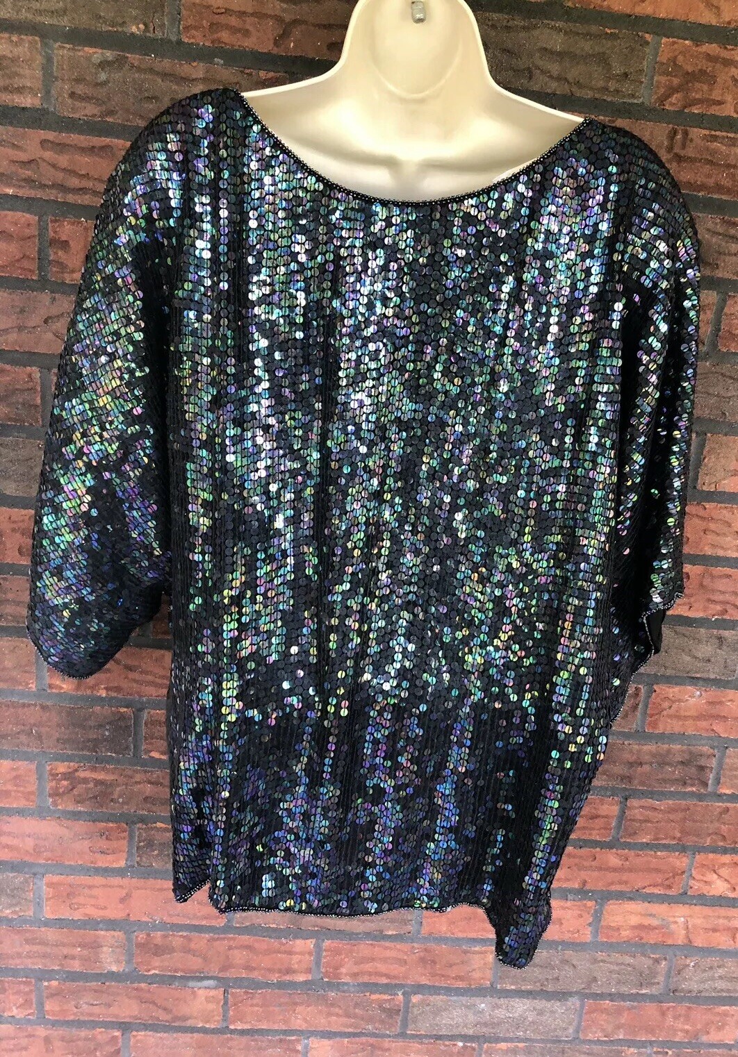 Iridescent Beaded Blouse XL 100% Silk Short Sleeve Top Shoulder Pad Lined Sequin