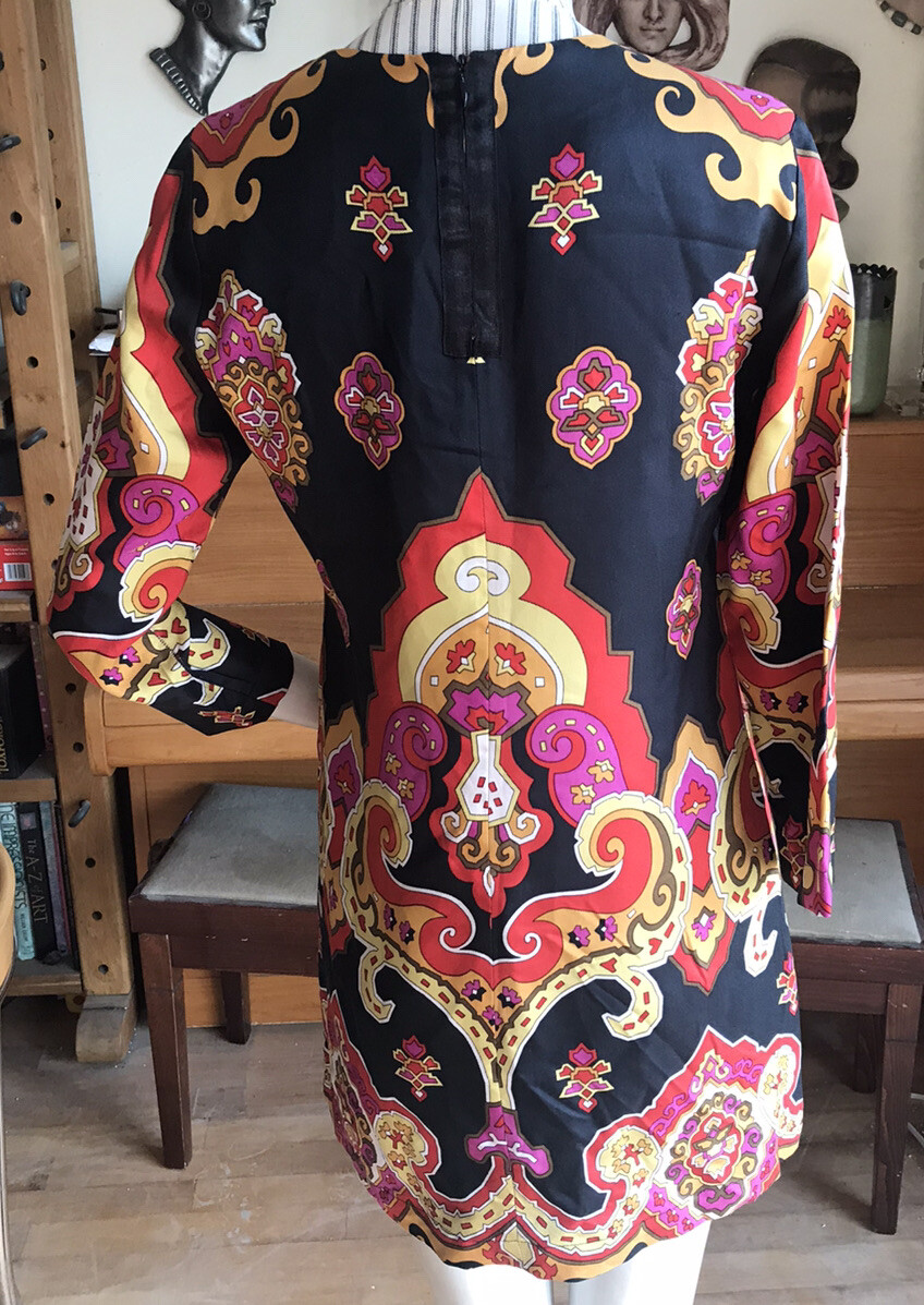 SIZE 6 SEE BY CHLOE 60S STYLE SHIFT MULTI PSYCHEDELIC PRINT ON BLACK MINI DRESS