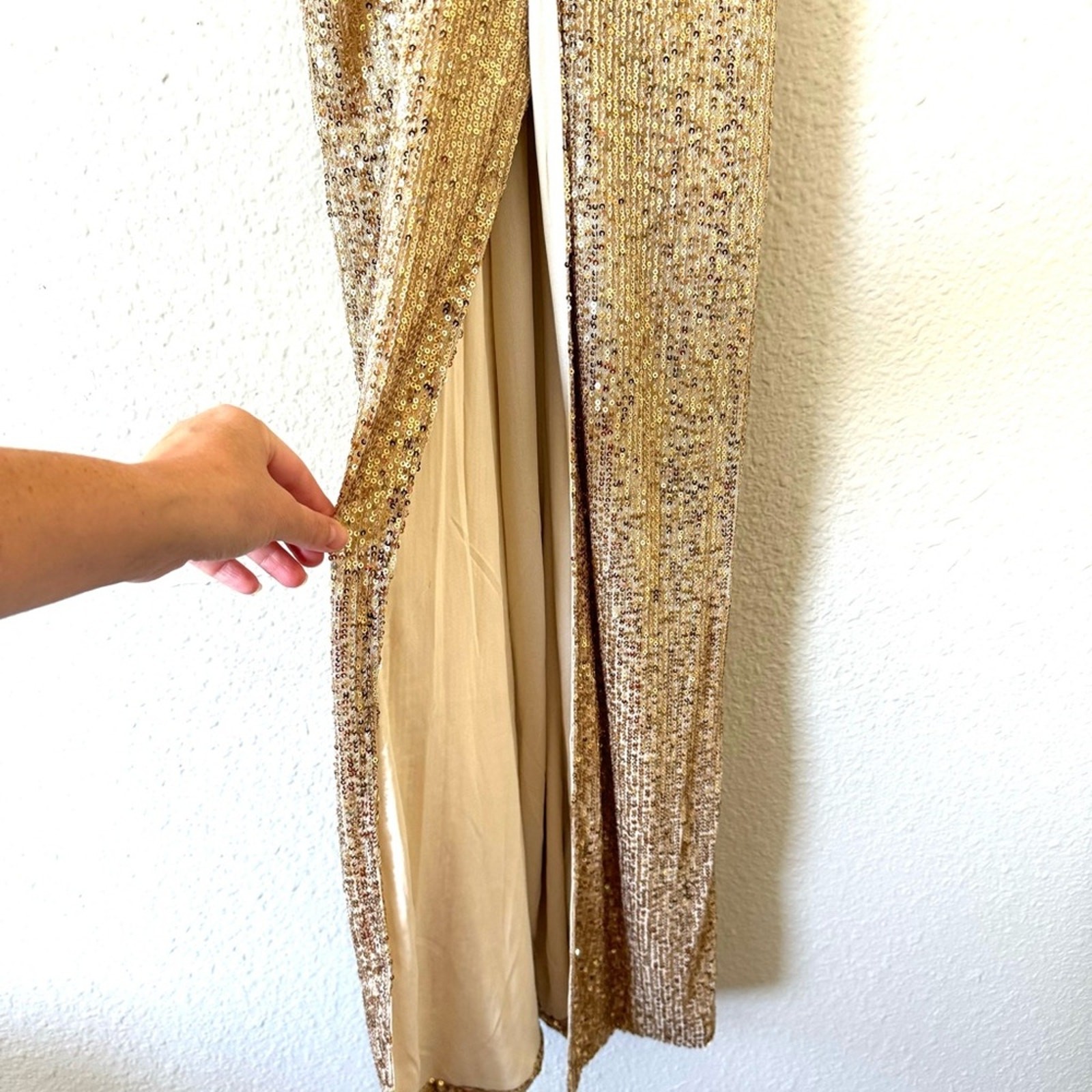 Fashion Nova Gold Sequin High Slit Maxi Dress Size XS