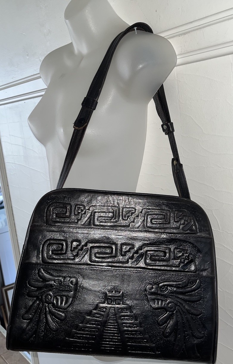 Vintage 1970s hand tooled Mexican Black leather Mayan Warrior shoulder bag purse