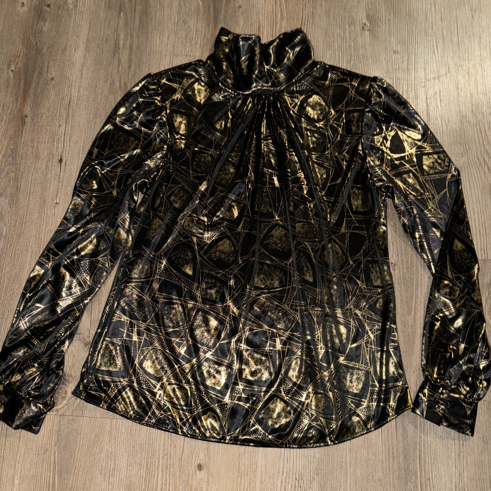 Vintage Lauren Lee Disco Blouse Top Black Gold Size 8 Puff Sleeve High Neck