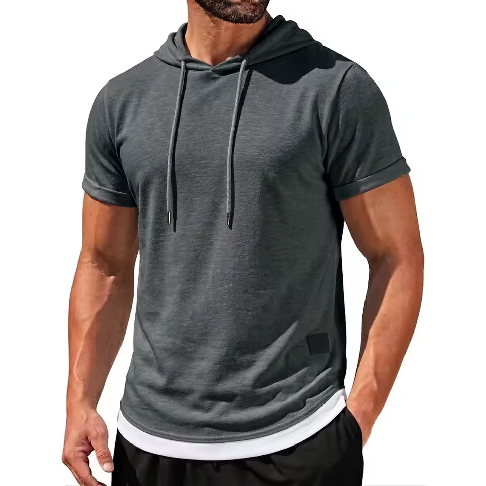 Mens Short Sleeve Hoodie Cotton Casual T-Shirts Sport Hooded Sweatshirt Pullover
