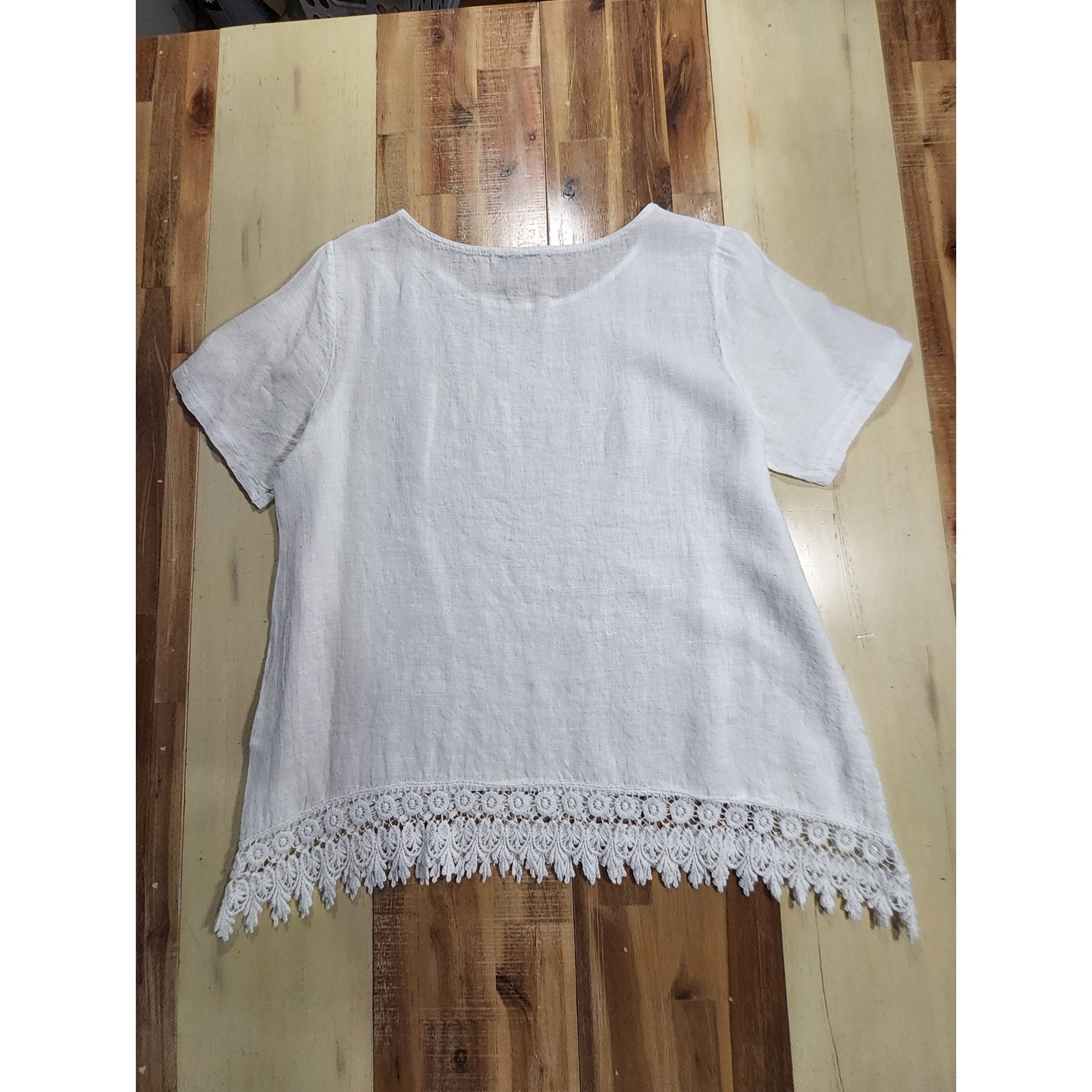 Made in Italy Linen Top White Crochet Lace Hem Boho Large