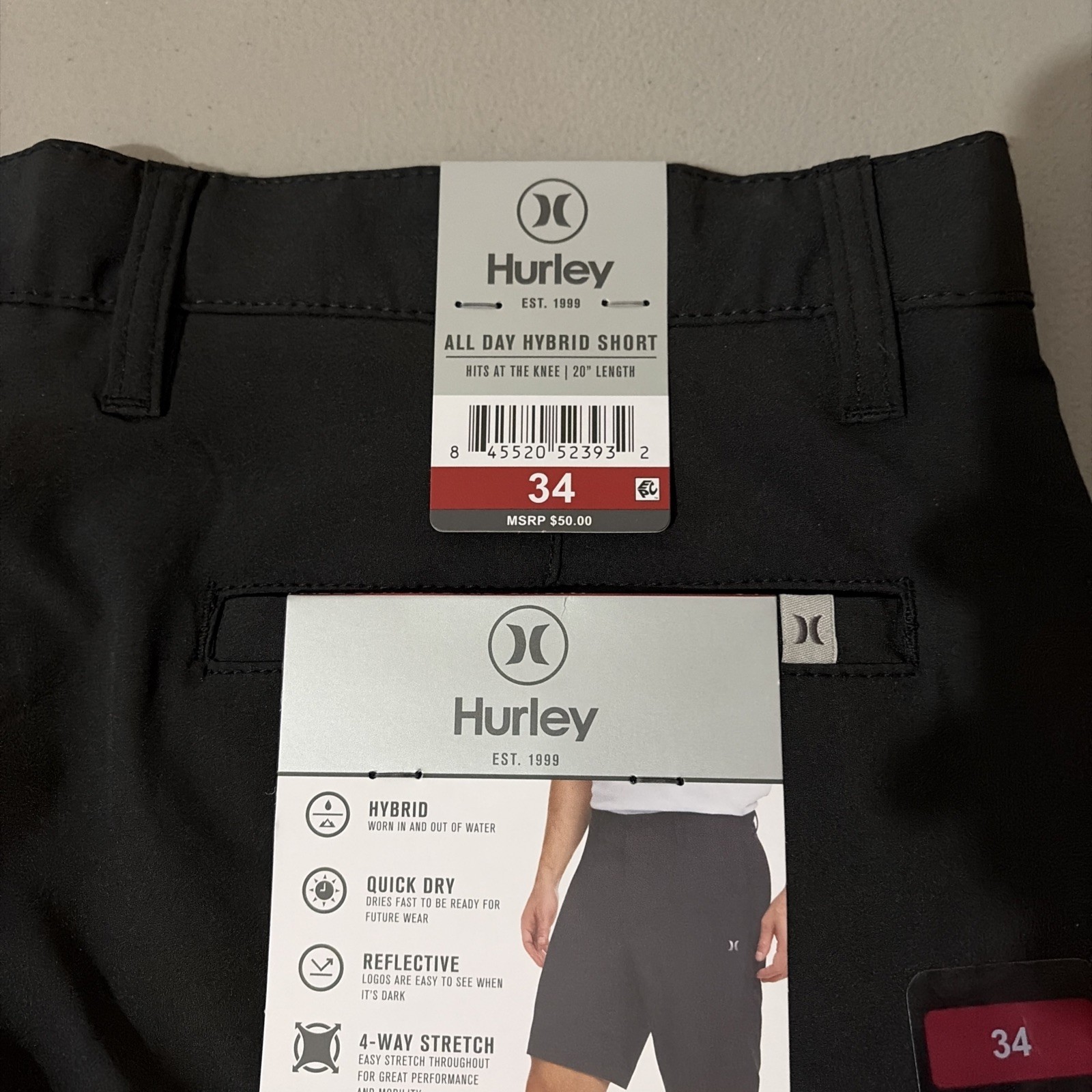 Hurley All Day Hybrid Shorts Black 20″ Length Quick Dry Stretch Men’s 34 New