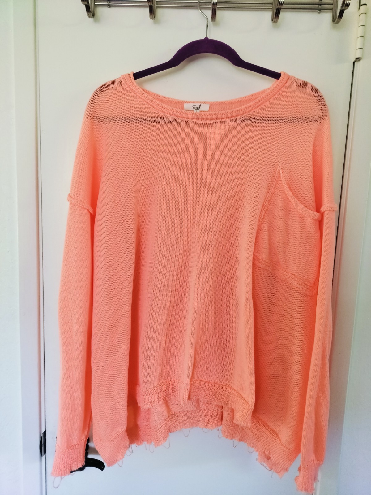 Easel Distressed Open Knit Sweater Large Coral Orange Frayed Hem Oversized