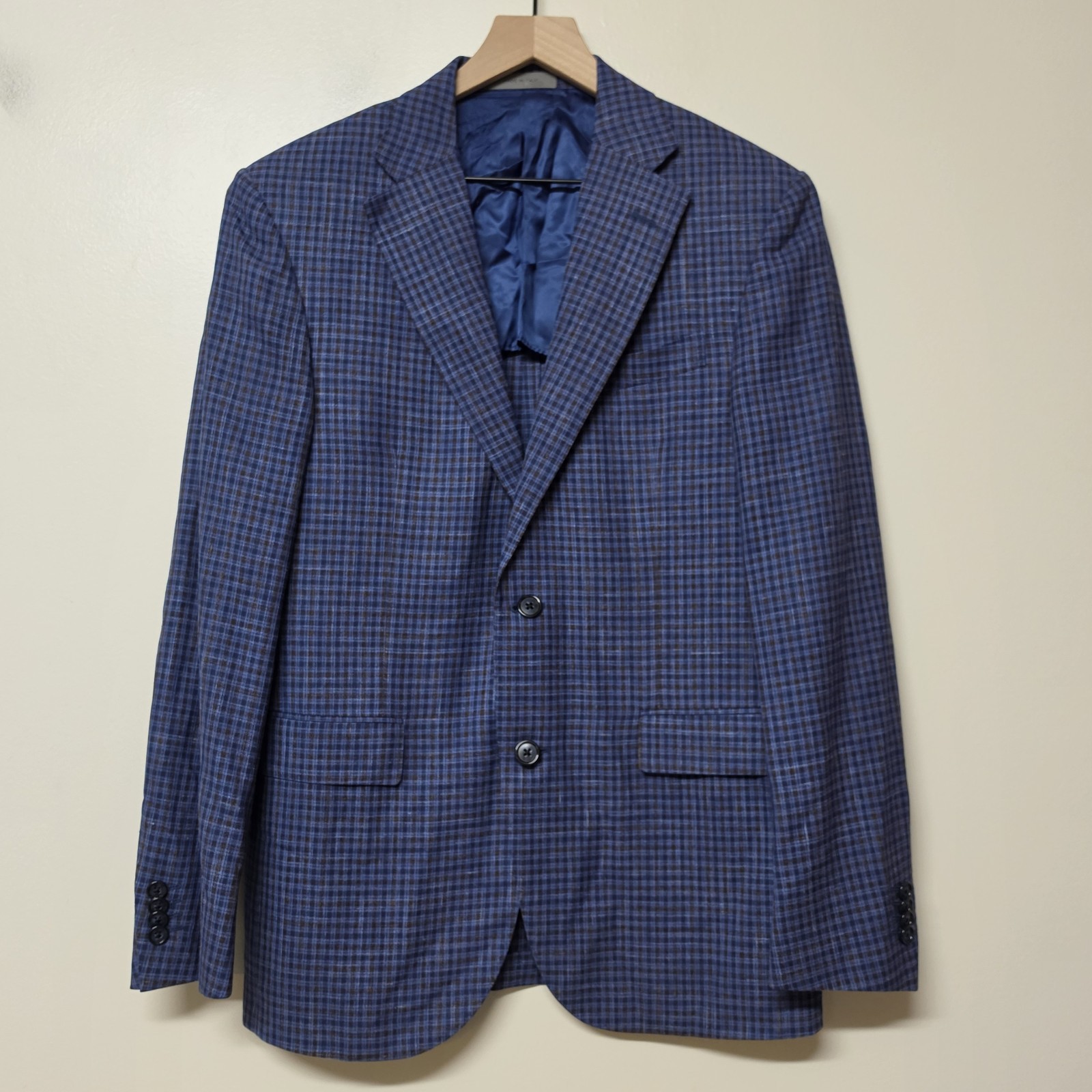 Corneliani Unstructured Blazer US 38R IT 48R Wool Silk Linen Blue Check Italy