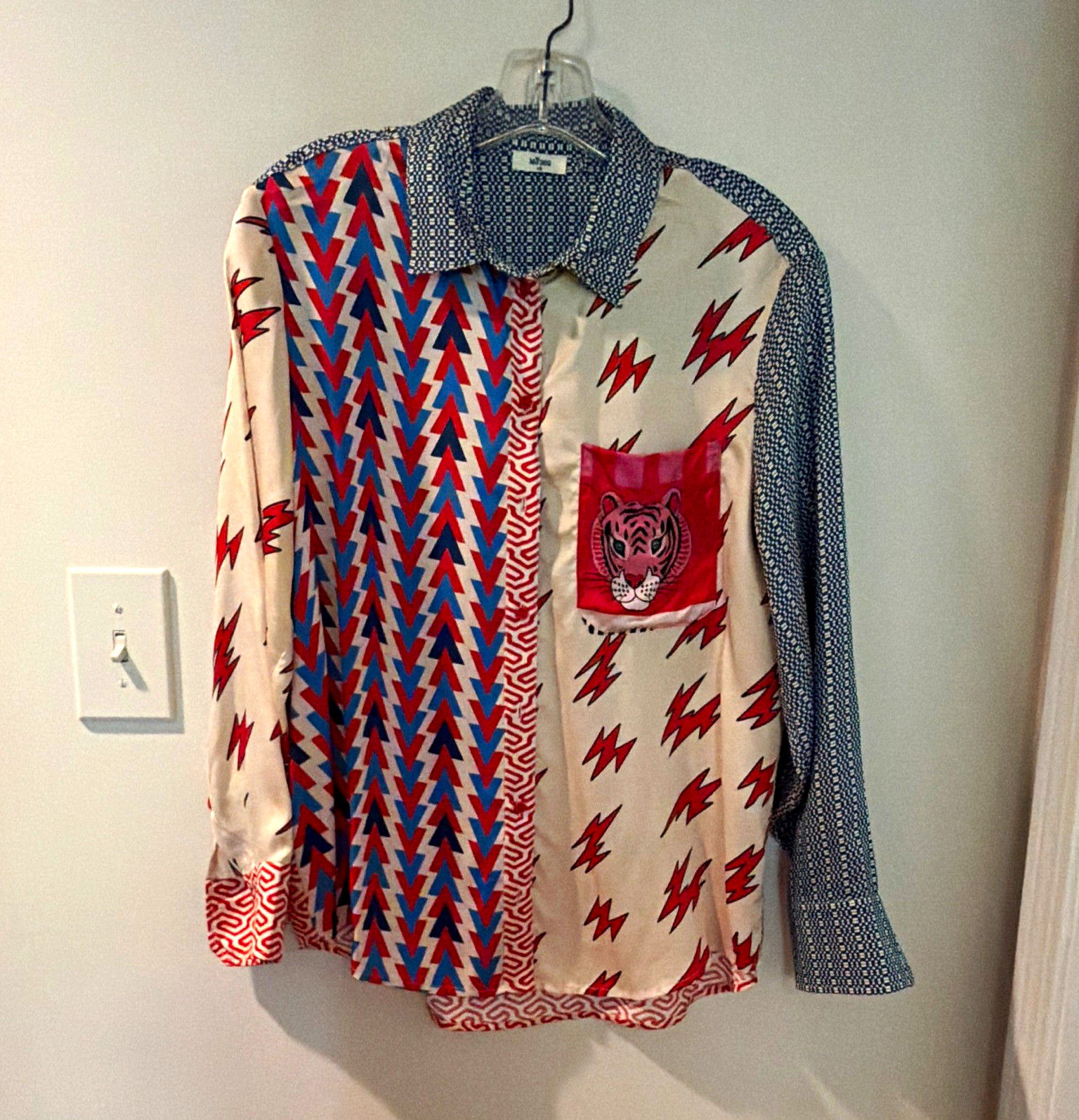 2 Me 369 Silk Multicolor Mixed Print Long Sleeve Button-Up Shirt, Pockets, XS