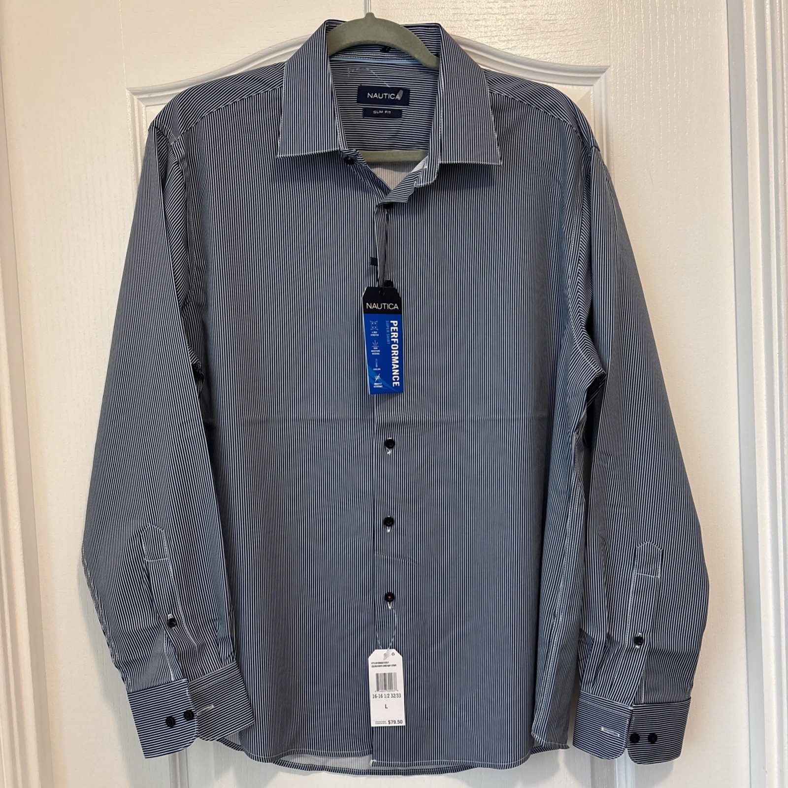 Nautica Men’s Slim Fit 4 Way Stretch Button-Up Striped Shirt Size L / 16-1L.5