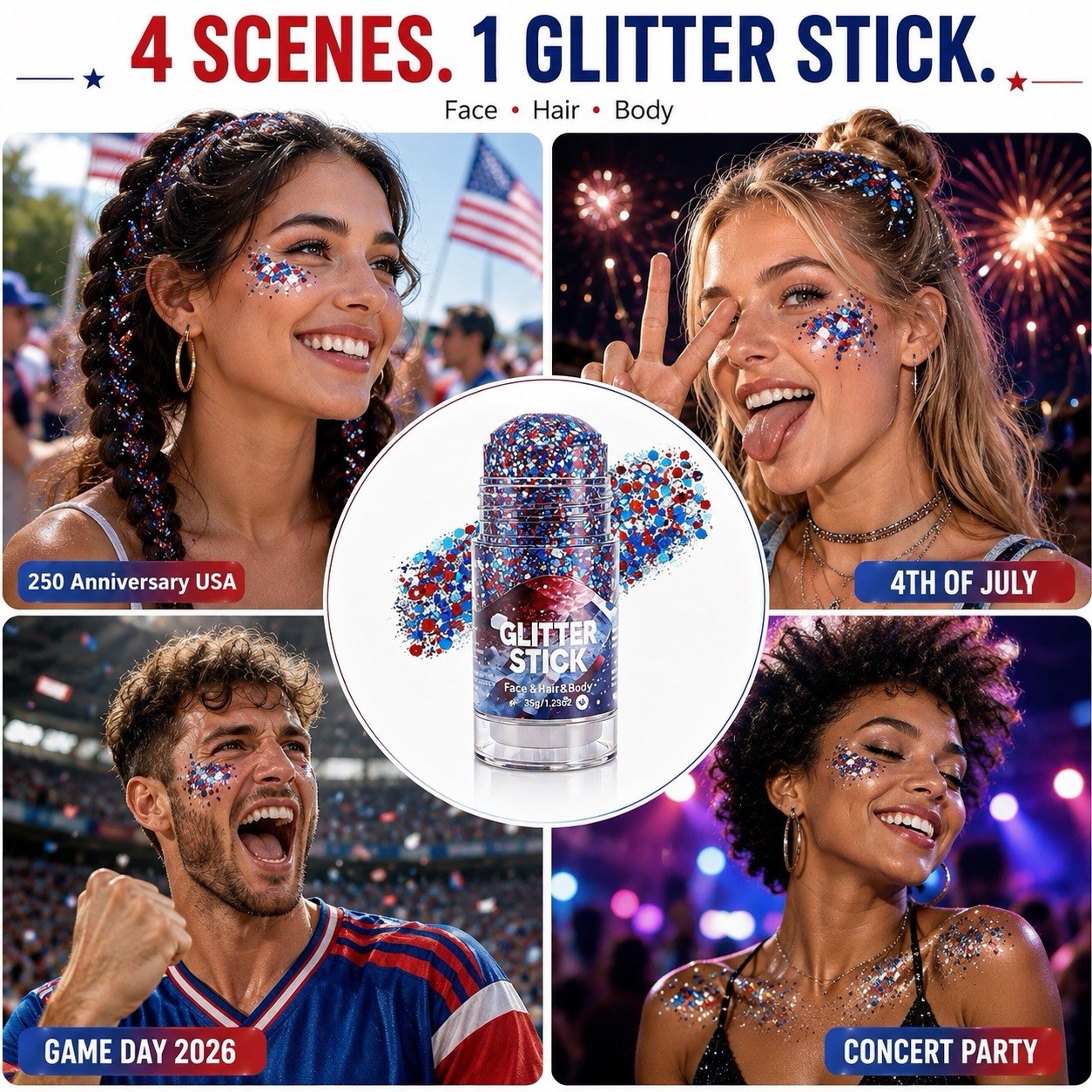 4th of July Glitter Stick Patriotic Red White and Blue Face Hair Glitter 2 pack