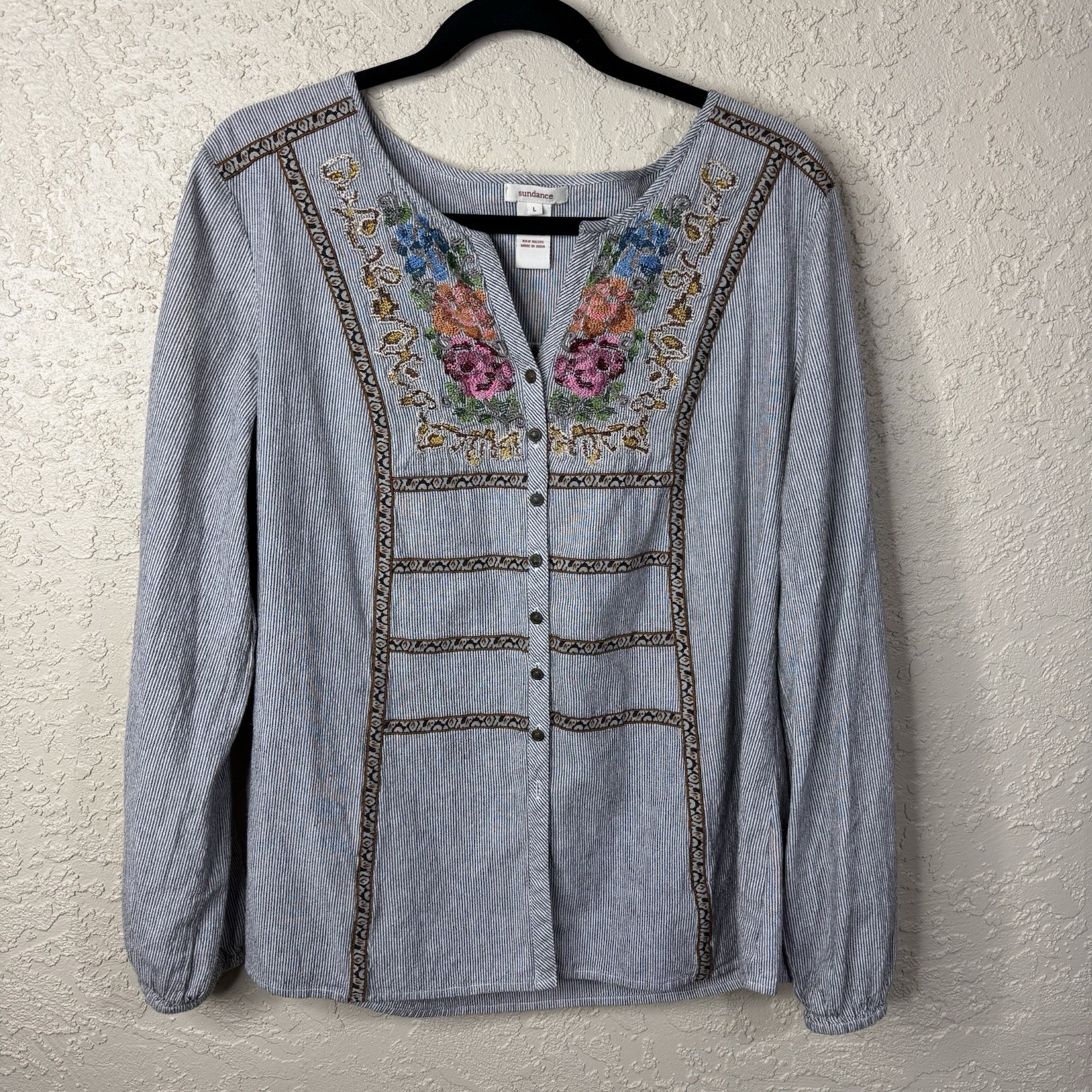 Sundance Striped Floral Embroidered Top Womens Lg Bohemian Peasant Boho Buttons