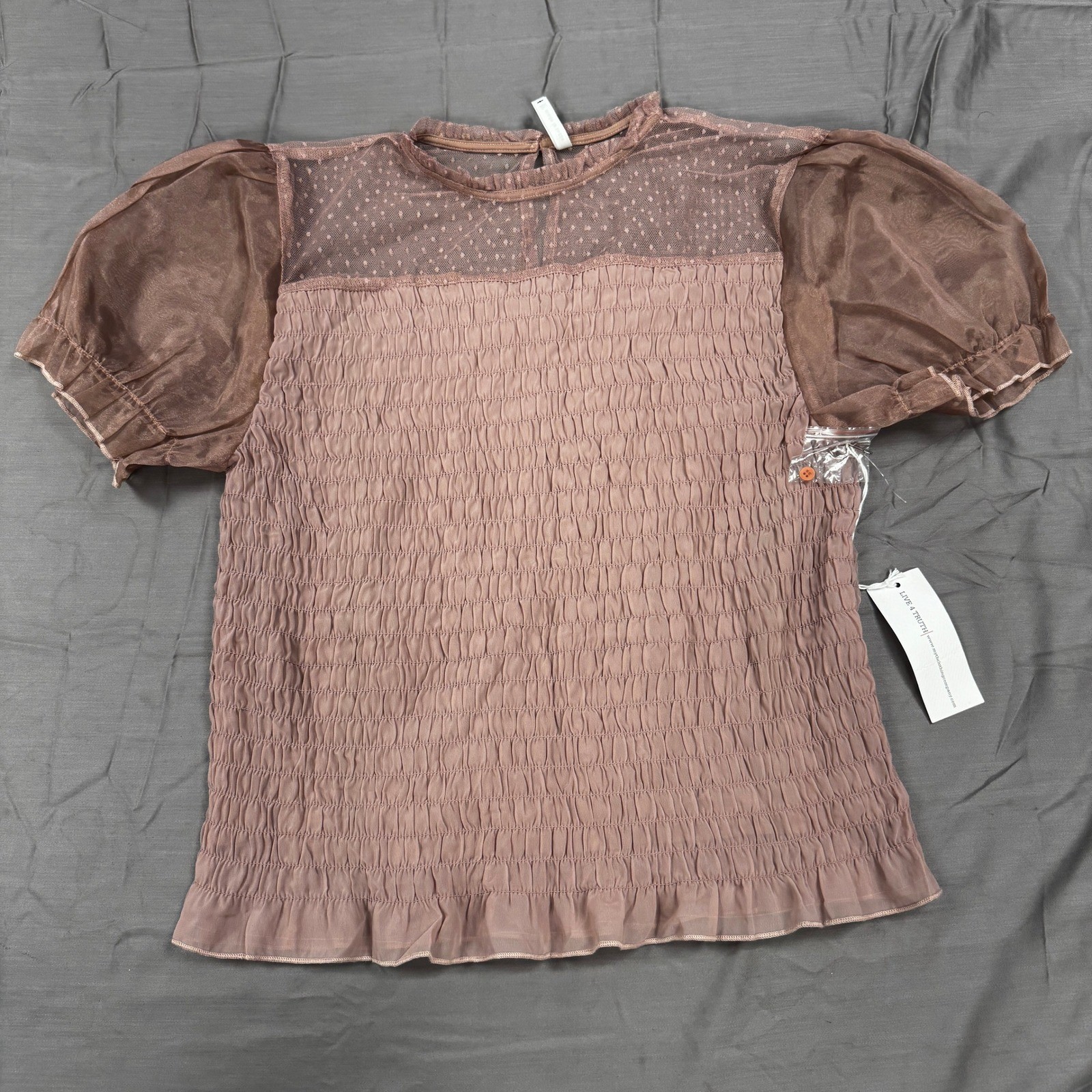 Live 4 Truth Womens 2X Smocked Top Mauve Sheer Puff Sleeve Swiss Dot Mesh NWT