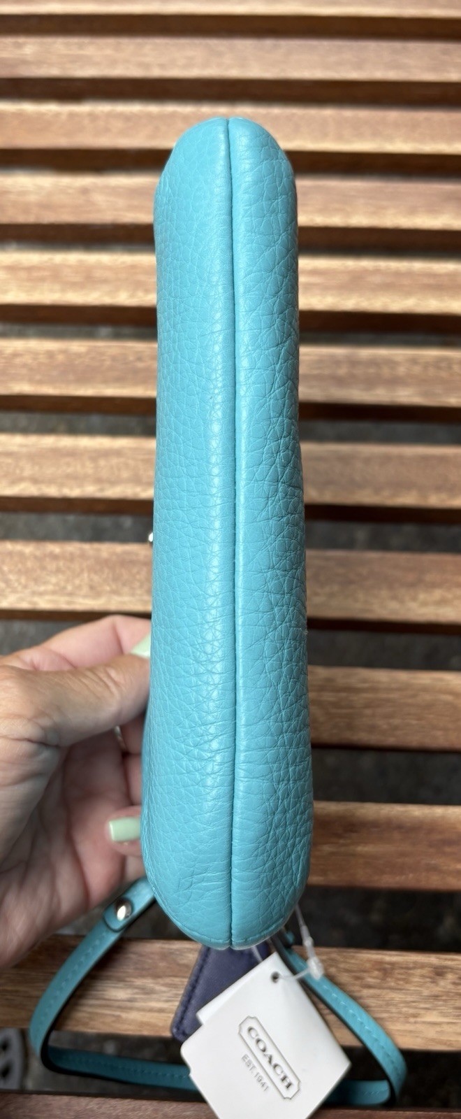 NWT Coach F49472 Park Leather Wristlet Turquoise Pebble Silver Turnlock