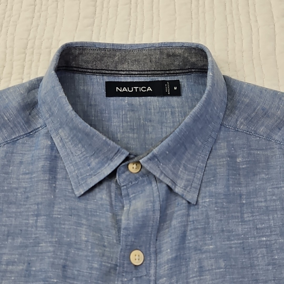 Nautica Linen Blend Short Sleeve Shirt Men’s M Blue Button Up EUC LN Resortwear