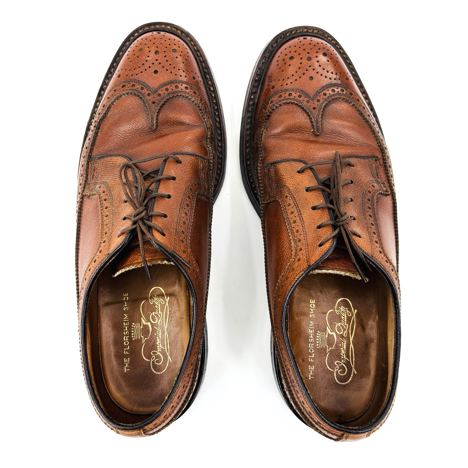 Men 9 D Vintage Florsheim Imperial Long Wingtip Dress Shoe Brown Leather V Cleat