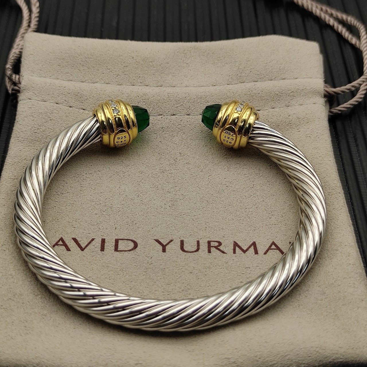 David Yurman Signed 925 Sterling Silver Cuff Bracelet Green Onyx Stackable