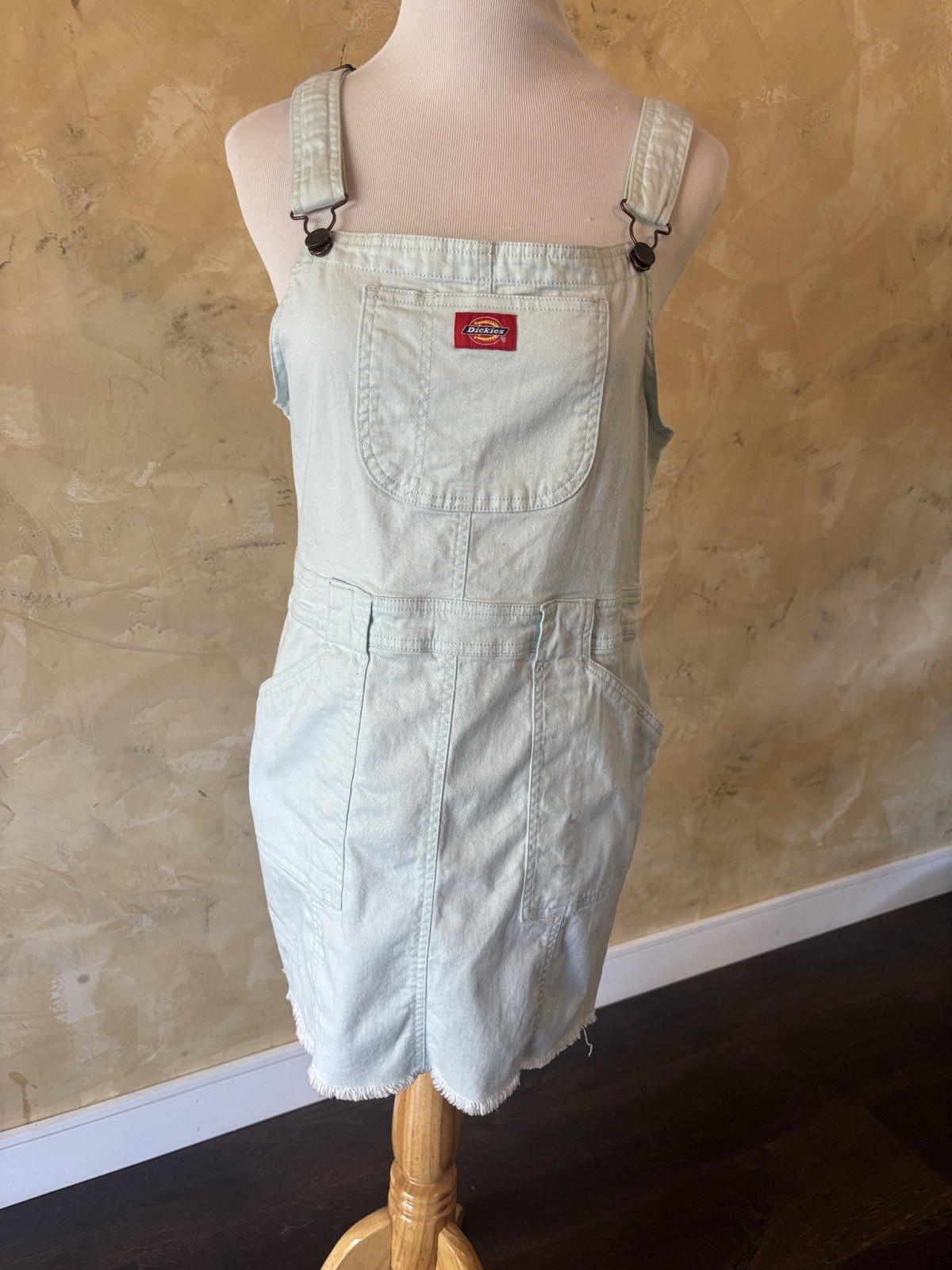 Dickies Light Blue Denim Overall Mini Dress Square Neck Zip Pockets Logo L