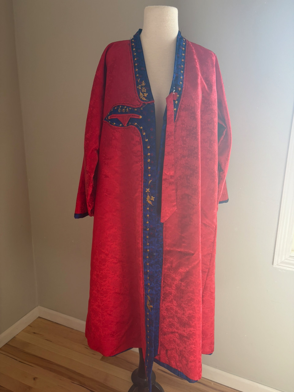 Vintage Korea Red Blue Brocade Embroidered Hanbok Durumagi Overcoat Traditional